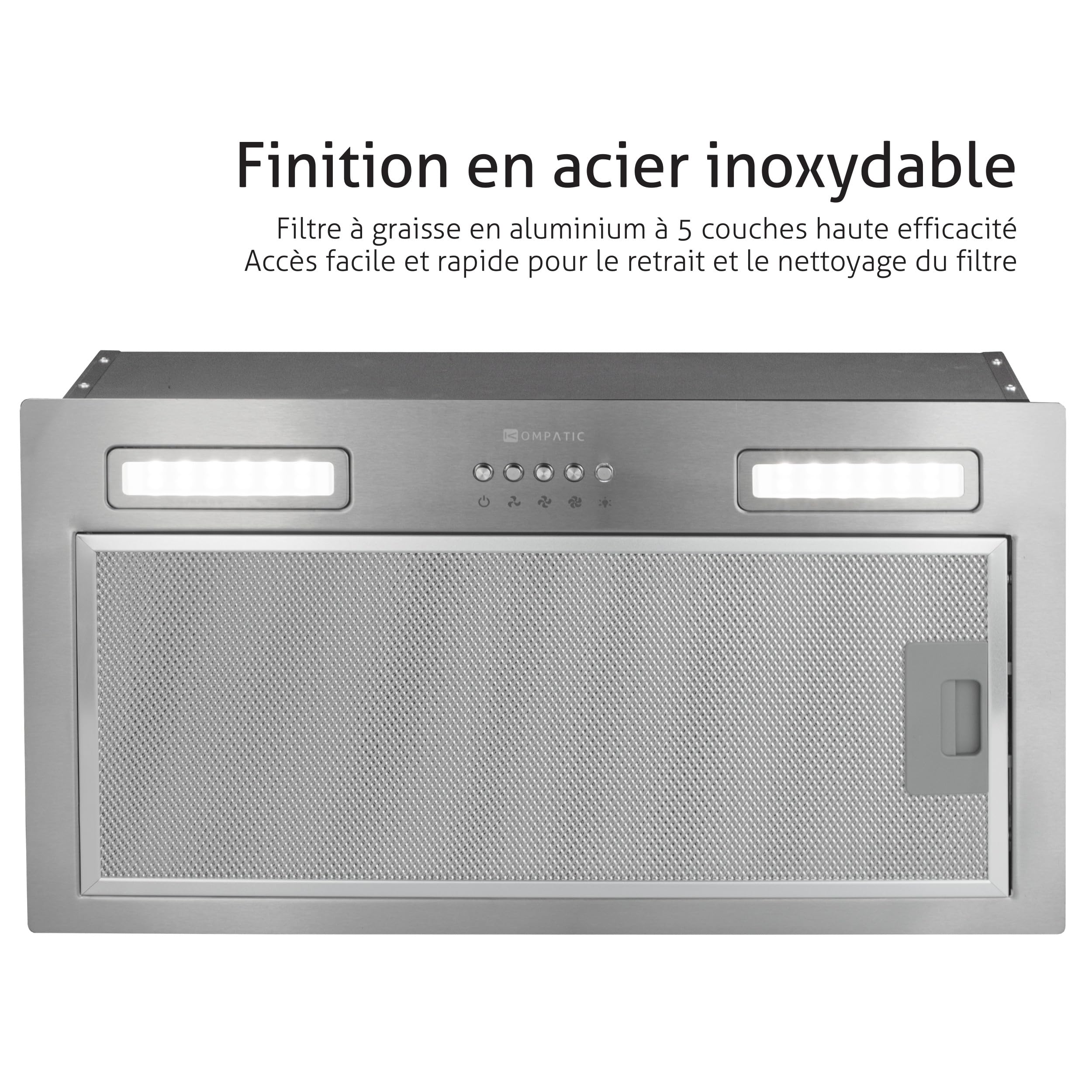 Lane 50 KLN50SI Hotte Aspirante Encastrable, A+++, 50 cm, 450 m³/h, Filtre à Charbon KCF4 Inclus, Minuterie, Contrôle électronique, LED, 3 vitesses + boost, Acier, Évacuation ou Recyclage
