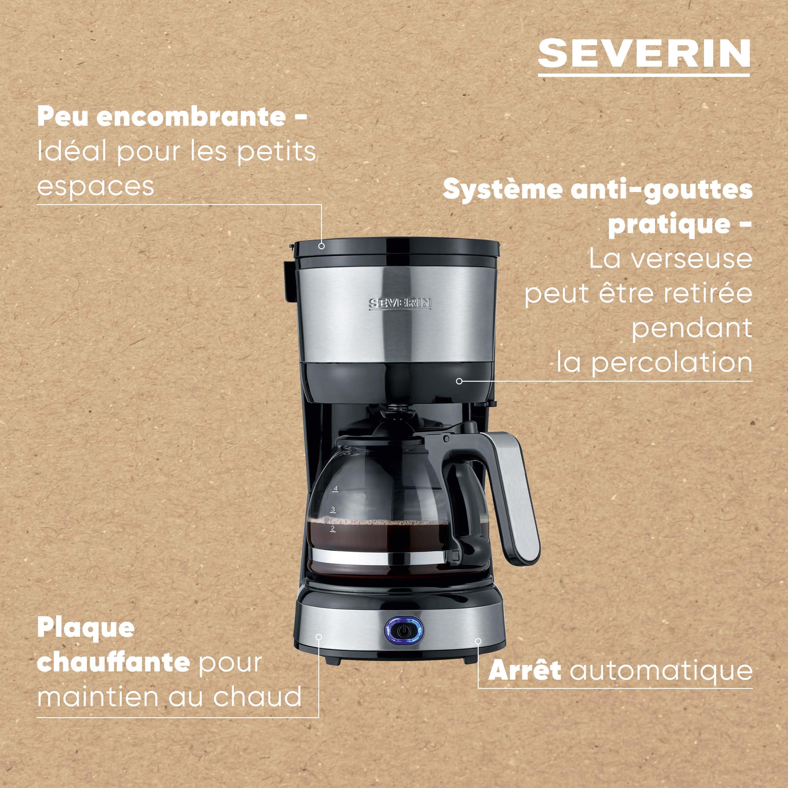 SEVERIN Cafetière filtre 750W 4 tasses filtre permanent lavable Inox Noir KA 4808