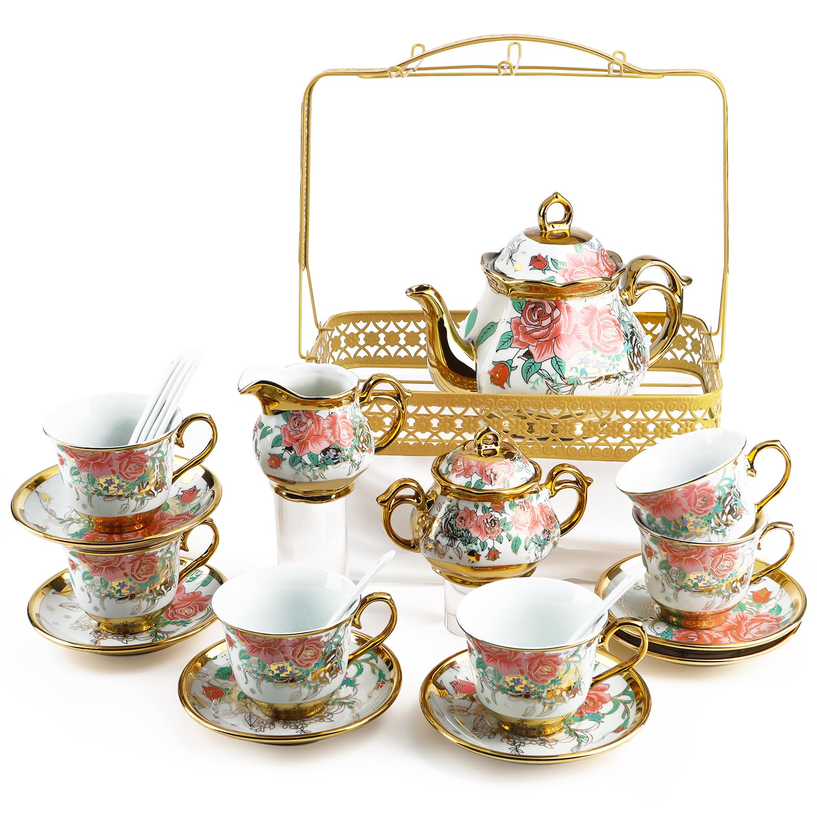 22-częściowy porcelanowy zestaw do herbaty z metalowym uchwytem, europejski ceramiczny zestaw do herbaty dla dorosłych 6, piękne zestawy filiżanek do herbaty do domu i na imprezę