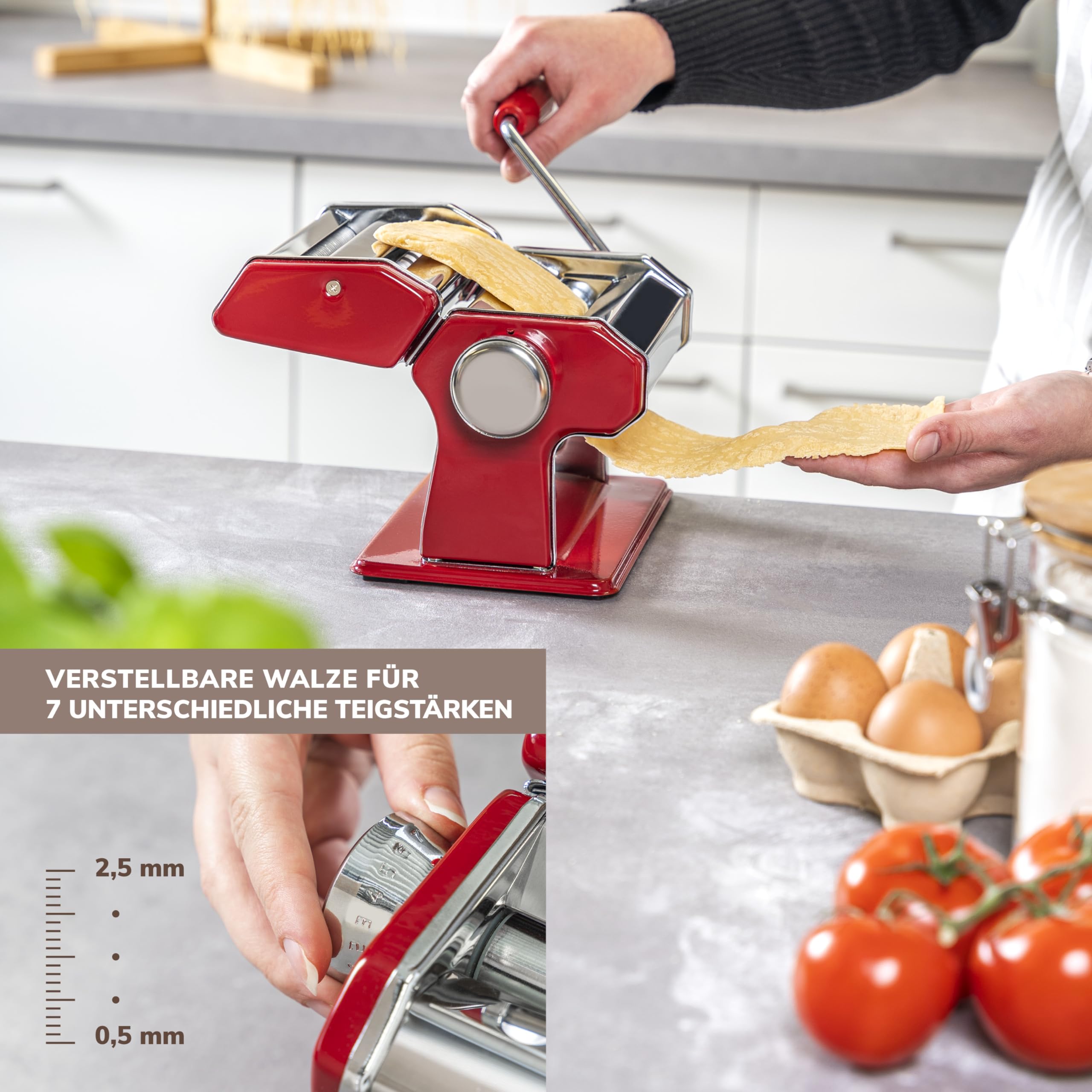 Macchina per la pasta di bremermann - per spaghetti, pasta e lasagne (7 fasi), macchina per la pasta, pastamaker (acciaio/metallo rosso)