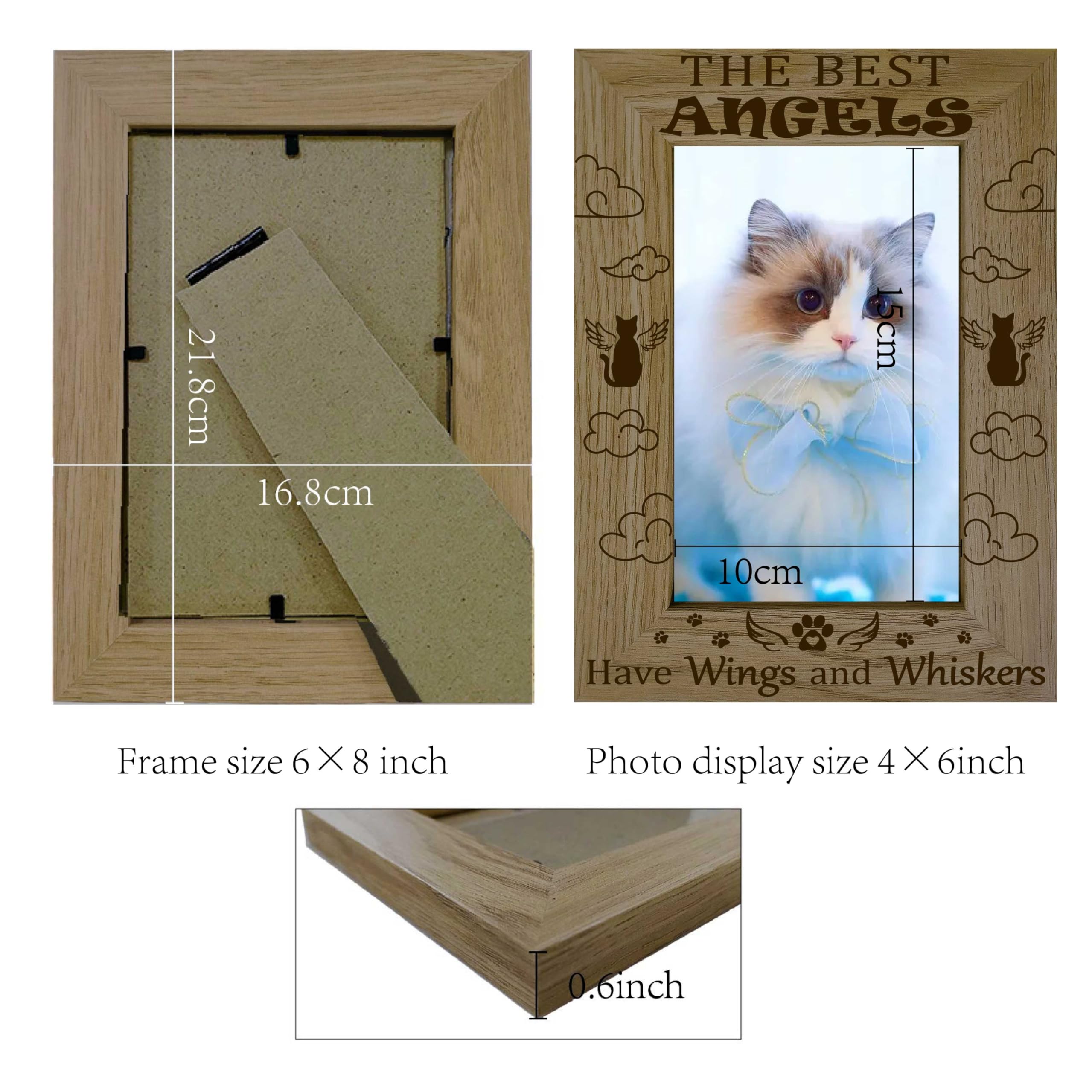 CREATCABIN Cat Picture Frame Pet Wood Photo Frames Engraved Display Wooden Tabletop Memorial Gifts for Hanging Wall Gallery Christmas Home Desk Decor 4x6Inch-the Best Angels Have Wings and Whiskers - Image 2