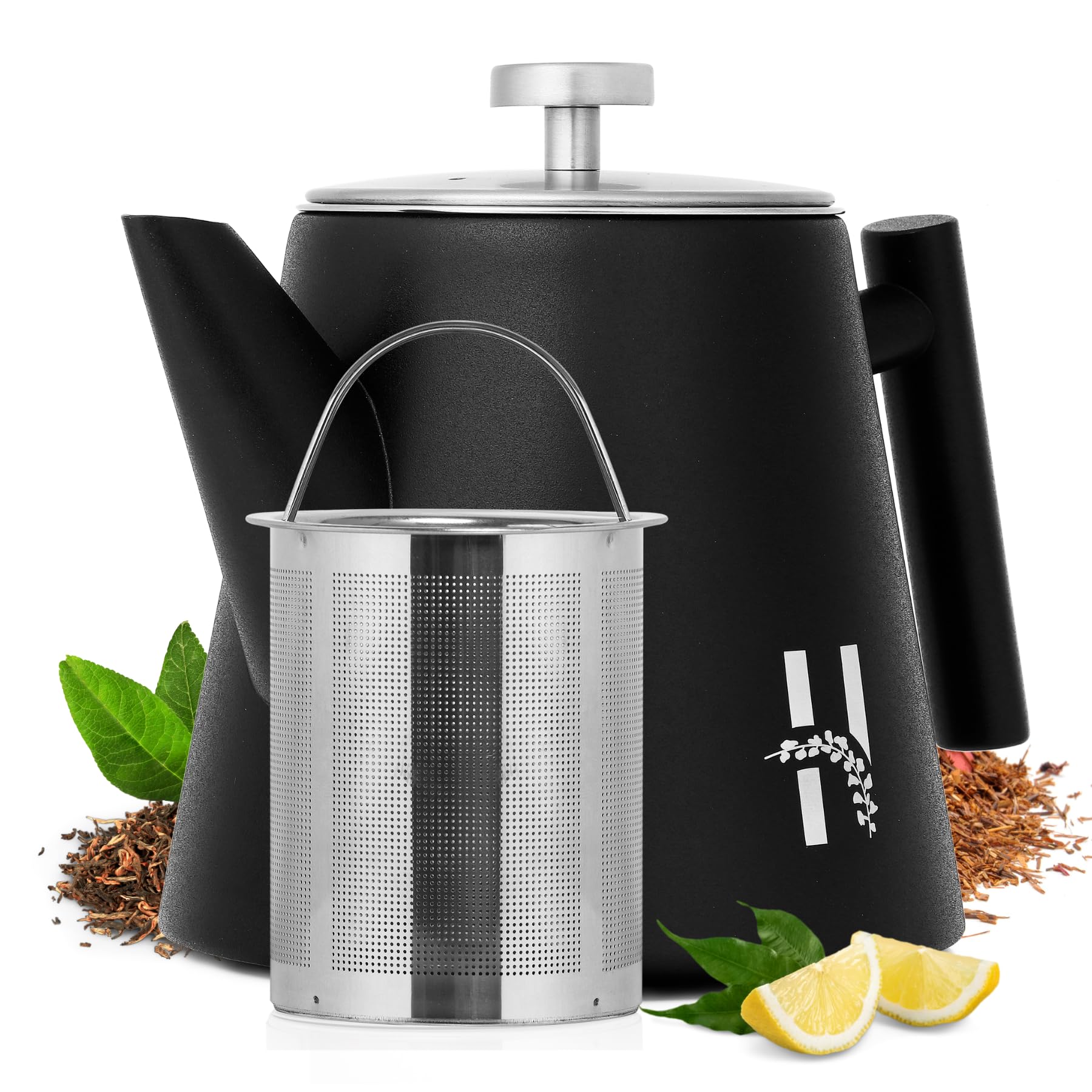 Tetera con filtro Hanamura – Para infusiones de acero inoxidable 1L – Negra moderna de doble pared
