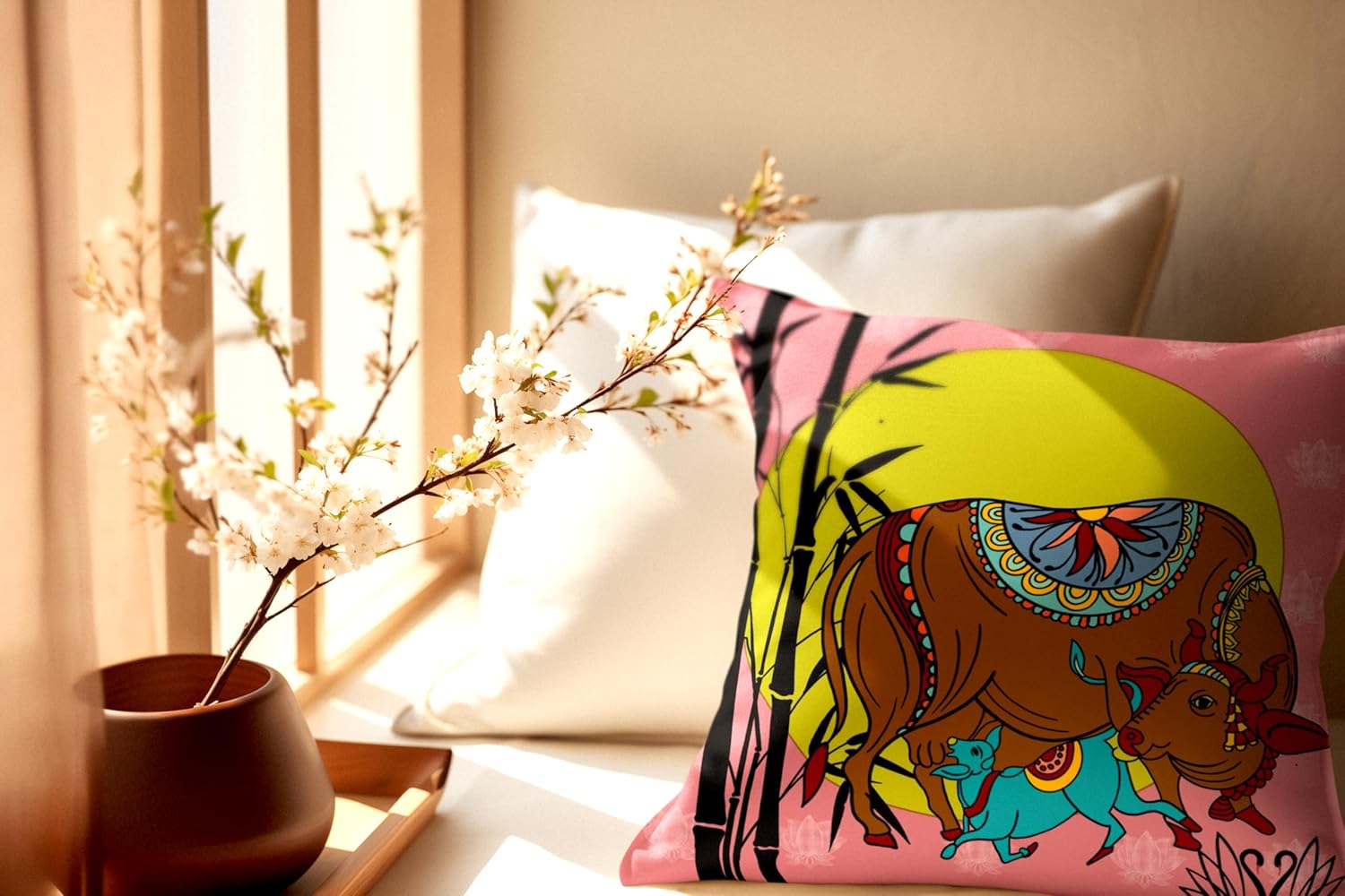 Traditional Indian Artwork Animal Cushion Cover 18x18 | Colorful Desi Traditional Home Decor | Unique Housewarming Gift (Cow)