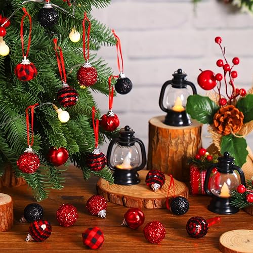 Miniatura 5 de Lenwen 24 bolas de árbol de Navidad, adornos rojos y negros, adornos de Navidad a cuadros de búfalo para decoración de árbol de fiesta de Navidad