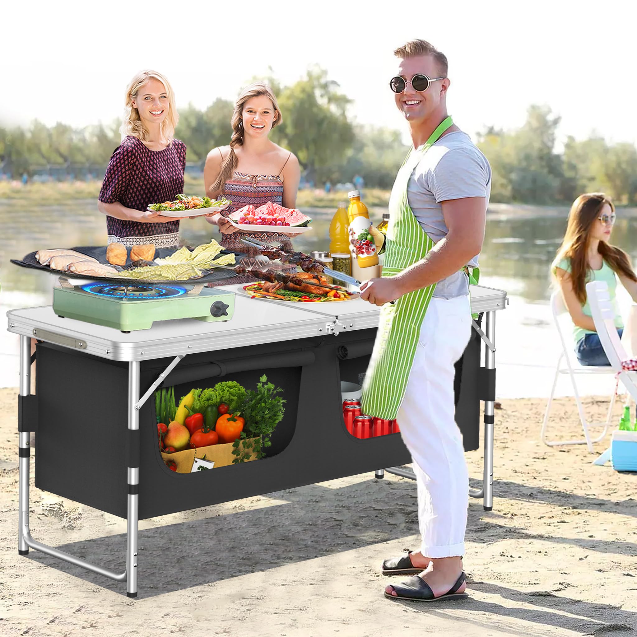 Froadp Campingküche Faltbare mit Ablagefächern – Leichter Campingschrank mit Aluminiumgestell & Tragetasche, 120 x 47 x 62 cm