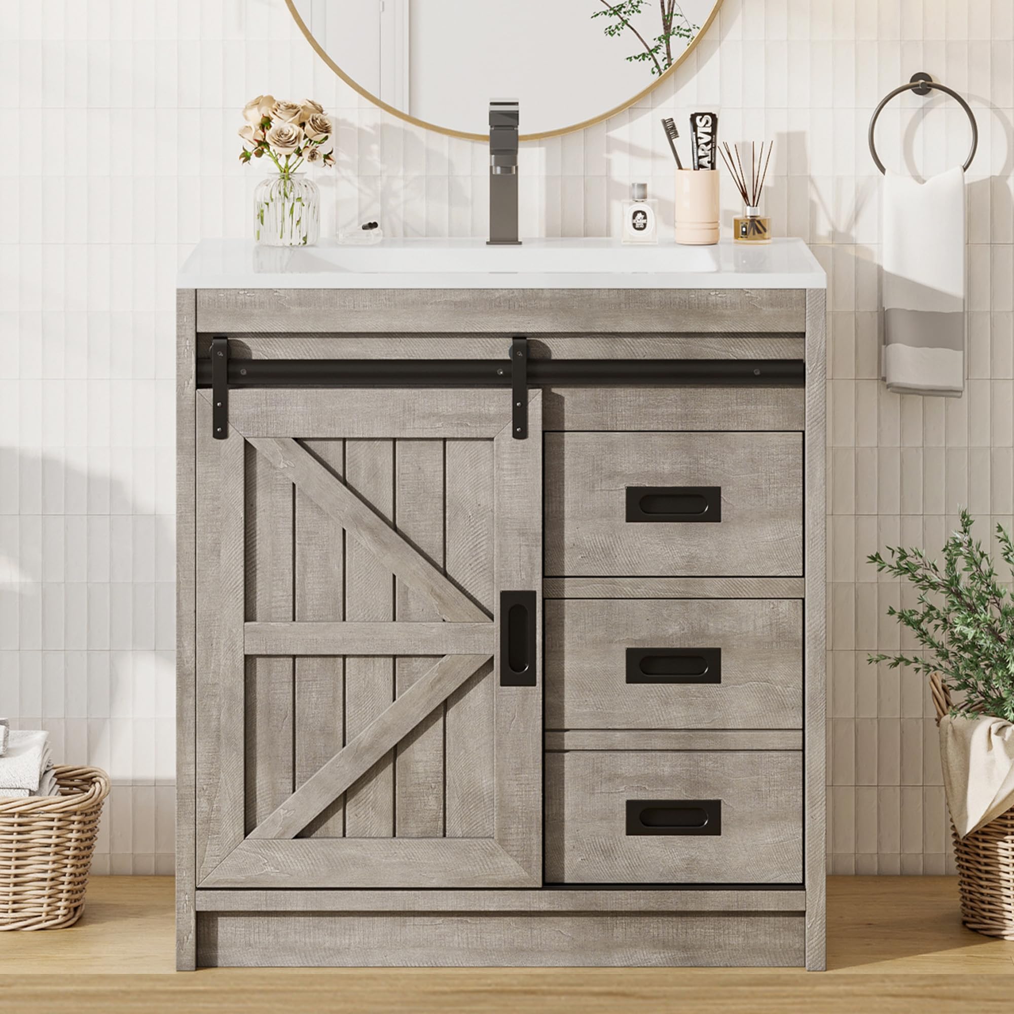 AMERLIFE Farmhouse Bathroom Vanity with Sink Combo, 31in Sliding Barn Door Bathroom Vanity Cabinet Set with Storage Drawers, Metal Handles, Small