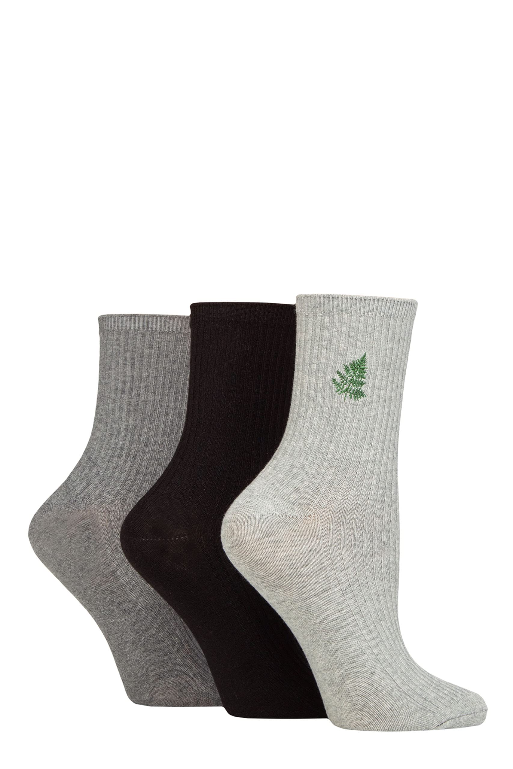 SockShop Wildfeet Ladies Embroidered Ribbed Socks Pack of 3 Grey/Black/Charcoal Leaf 4-8