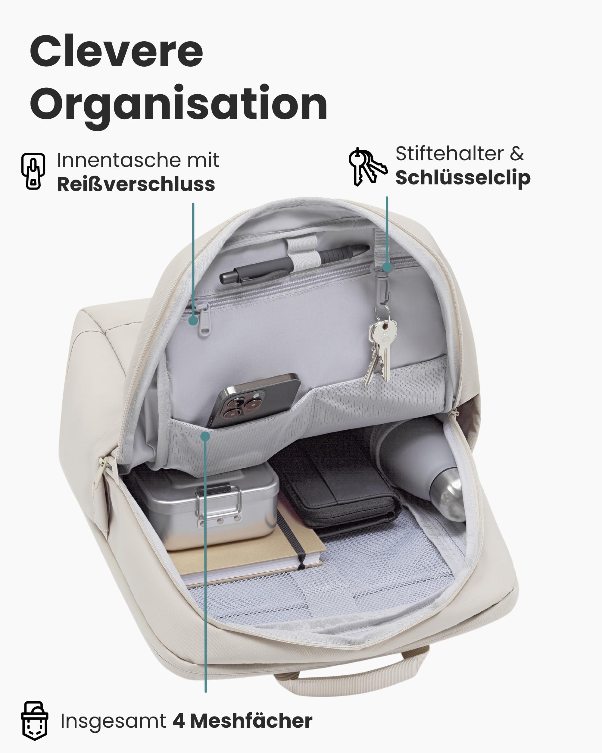 LARKSON Business Laptop Rucksack Herren Beige - Bjarne - Großer Arbeitsrucksack mit 17 Zoll Laptopfach - Handgepäck mit Kofferöffnung - Wasserabweisend