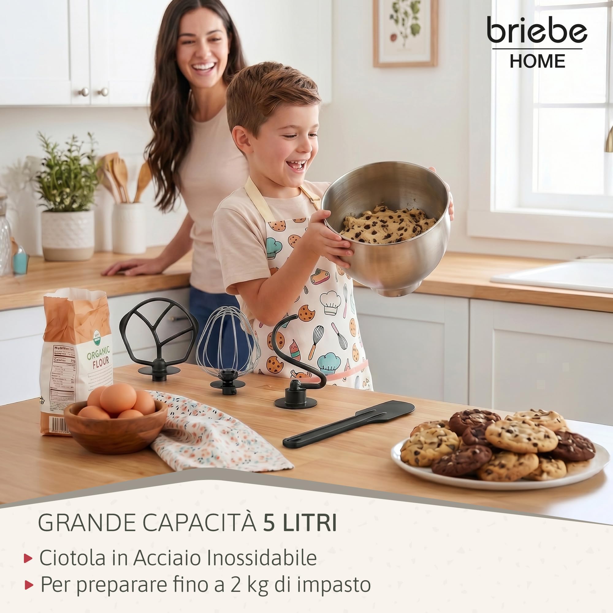 briebe Impastatrice Planetaria Professionale per Pasticceria 1800W MAX, Robot da Cucina Orbitale, Frusta, Gancio Impastatore, Ciotola 5 L, 6 Velocità + Funzione Pulse, Inox KM1114
