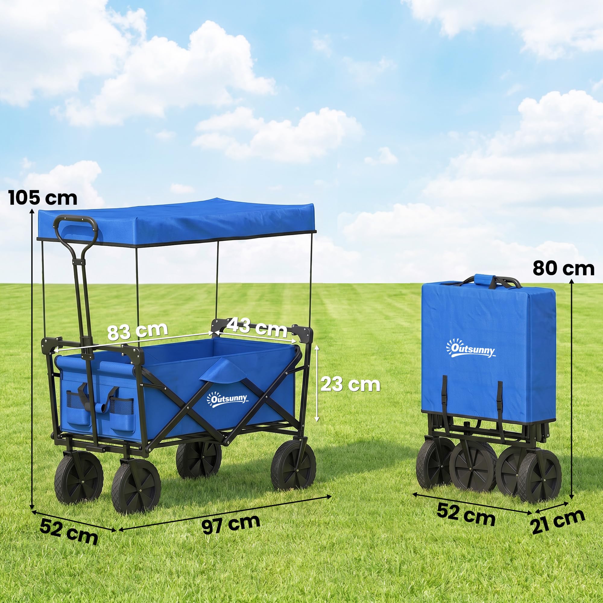 Outsunny Carro Plegable con Toldo Desmontable Carro de Playa Carro de Jardín con Longitud y Ángulo del Mango Ajustables Ruedas Grandes y Bolsa de Transporte Carga 100 kg para Compra Azul