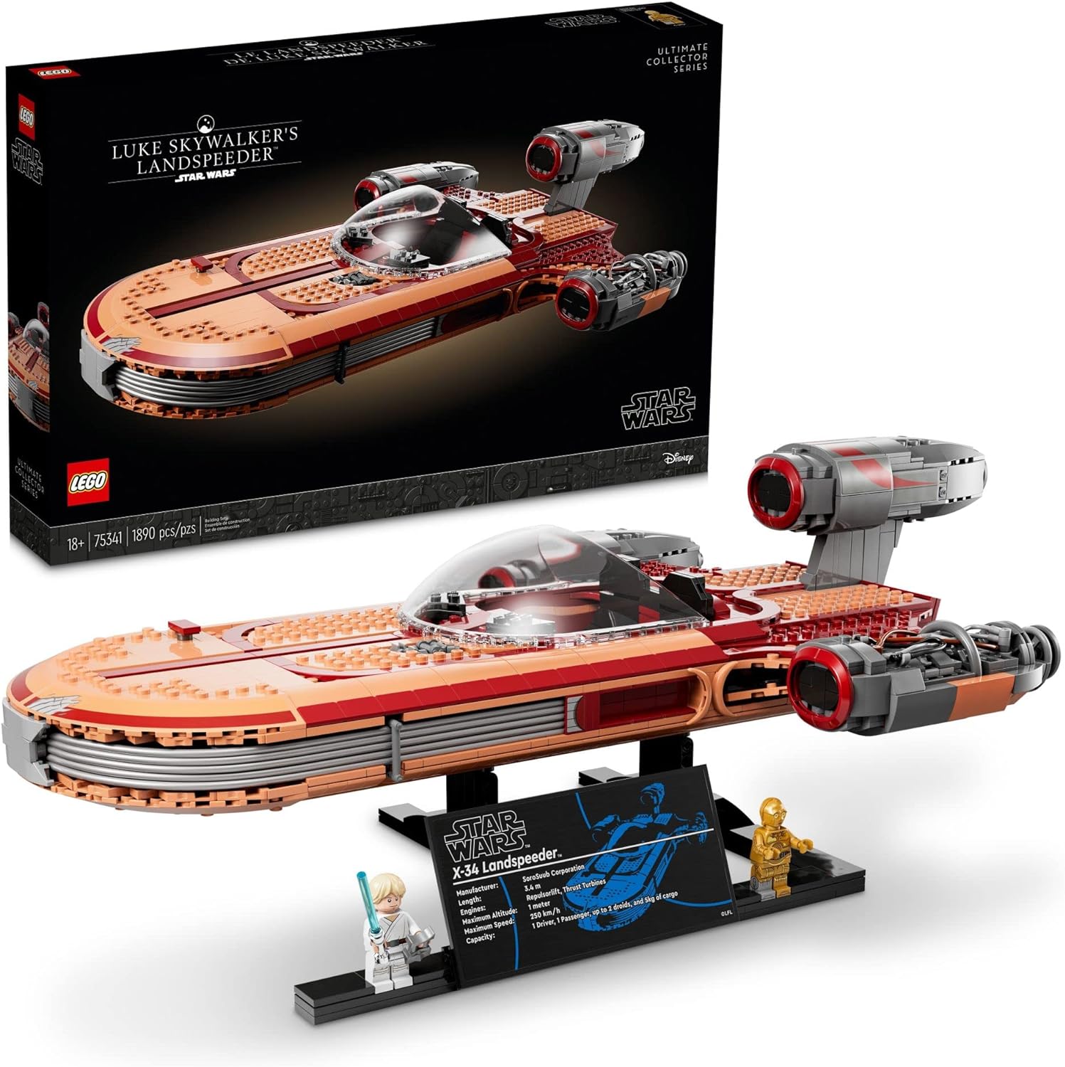 LEGO Star Wars Luke Skywalker's Landspeeder 75341, Ultimate Collector Series Star Wars Building Kit for Adults, Includes Luke Skywalker Lightsaber and C-3PO Minifigure, Gift Idea for Star Wars Fans Standard Packaging; ALL BAGS OF PARTS INCLUDED