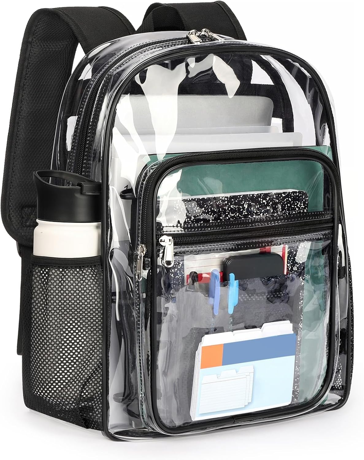 ZORFIN Clear Backpack Heavy Duty for School – 17in Transparent PVC Bag with Large Capacity & Reinforced Straps for Men, Women, Boys & Girls - See Through Bookbag for College Workplace Security, Black