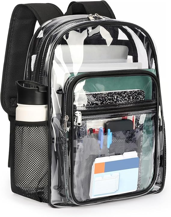 ZORFIN Clear Backpack Heavy Duty for School 17in Transparent PVC Bag with Large Capacity & Reinforced Straps for Men, Women, Boys & Girls - See Through Bookbag for College Workplace Security, Black