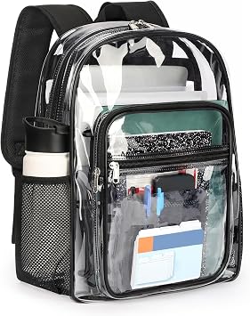 ZORFIN Clear Backpack Heavy Duty for School 17in Transparent PVC Bag with Large Capacity & Reinforced Straps for Men, Women, Boys & Girls - See Through Bookbag for College Workplace Security, Black