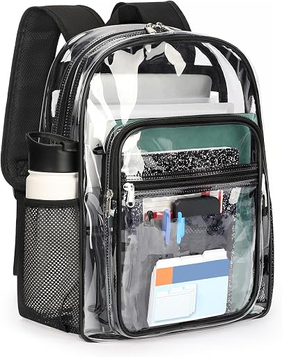 ZORFIN Clear Backpack Heavy Duty for School – 17in Transparent PVC Bag with Large Capacity & Reinforced Straps for Men, Women, Boys & Girls - See Through Bookbag for College Workplace Security, Black