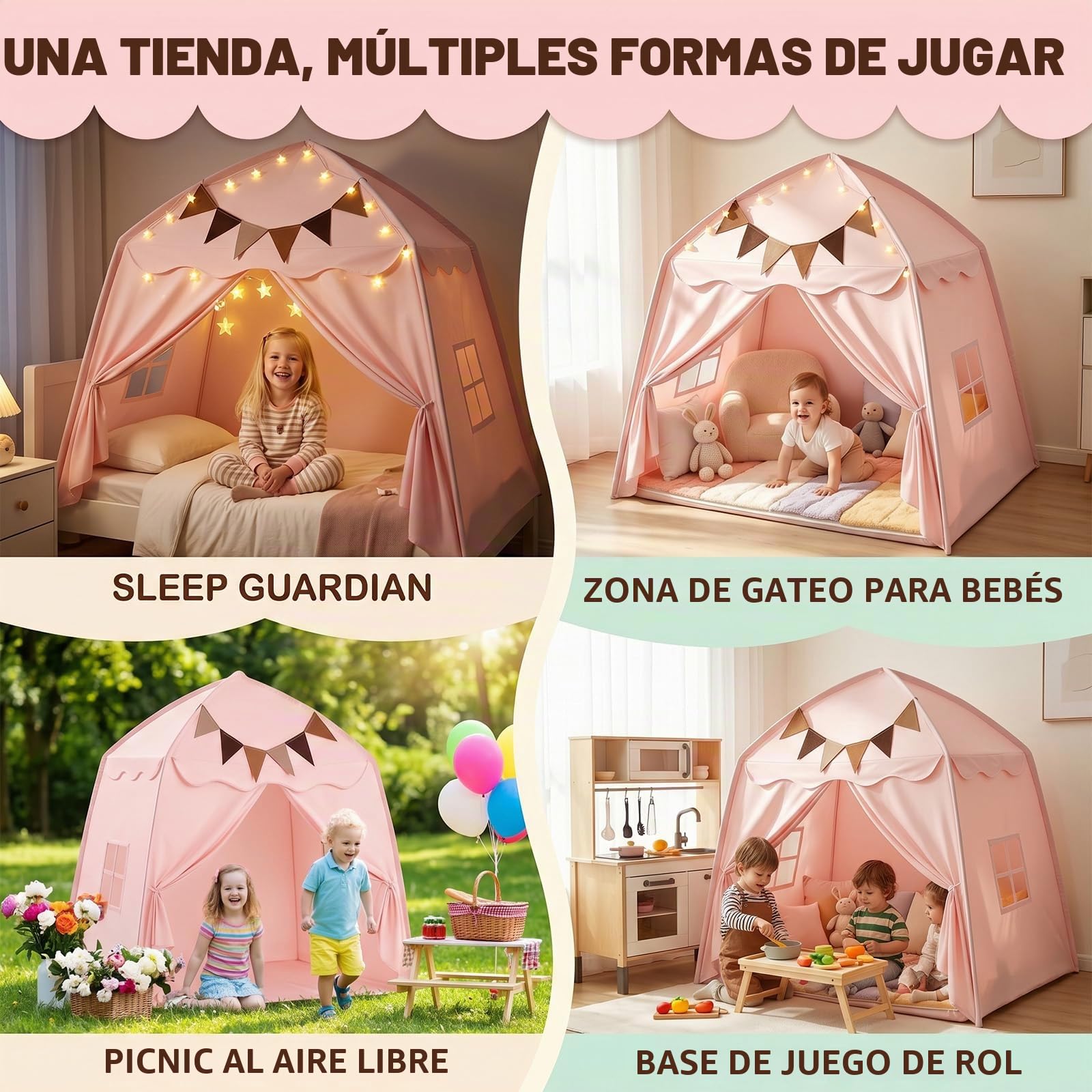 Tienda de campaña infantil para interiores, tienda de juegos con banderas y luces, tienda de campaña portátil y plegable, tienda de cama para niños, casa de juegos para interior y exterior (rosa)