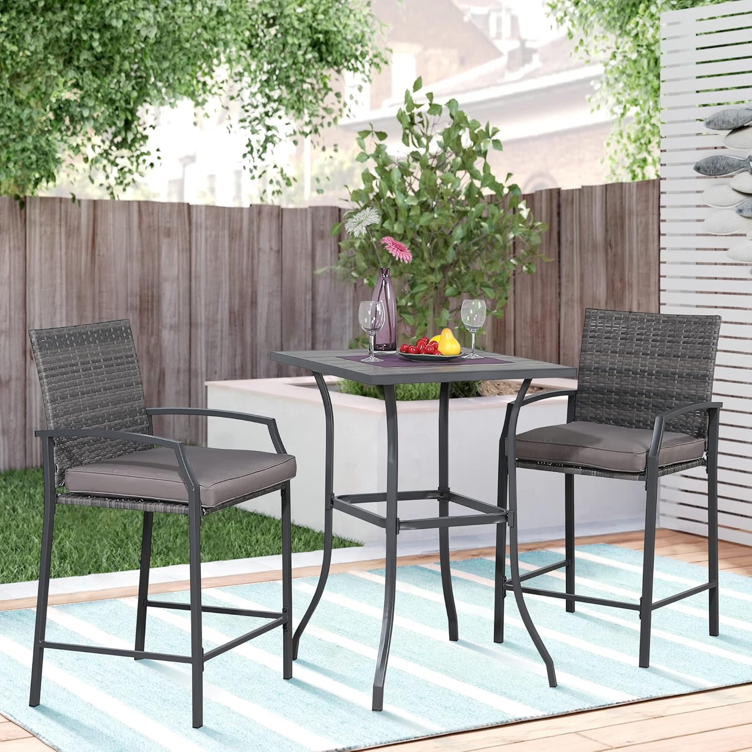OC Orange-Casual Outdoor Bar Stool Set of 2, All-Weather Wicker High Top Patio Dining Chair, 2 Counter Height Rattan Barstools with High Back & Armrest, for Porch, Garden, Pub, Grey Cushion