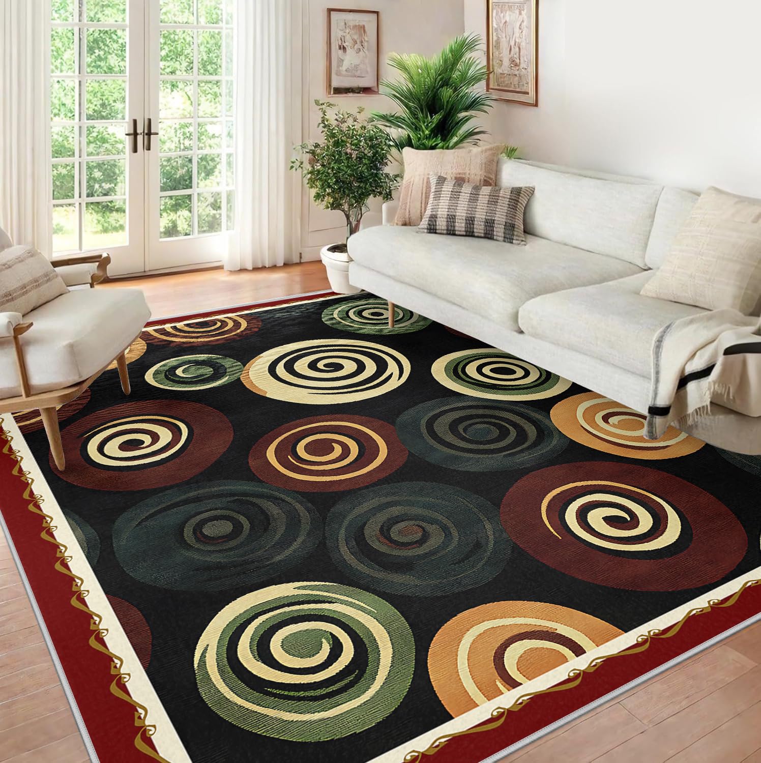 Area Dywan 180 x 270 cm, do salonu, czarny, wielokolorowy, z kręgu, nadaje się do prania, antypoślizgowy, do wnętrz, na podłogę, składany, duży, miękki, do jadalni, sypialni, z krótkim włosiem