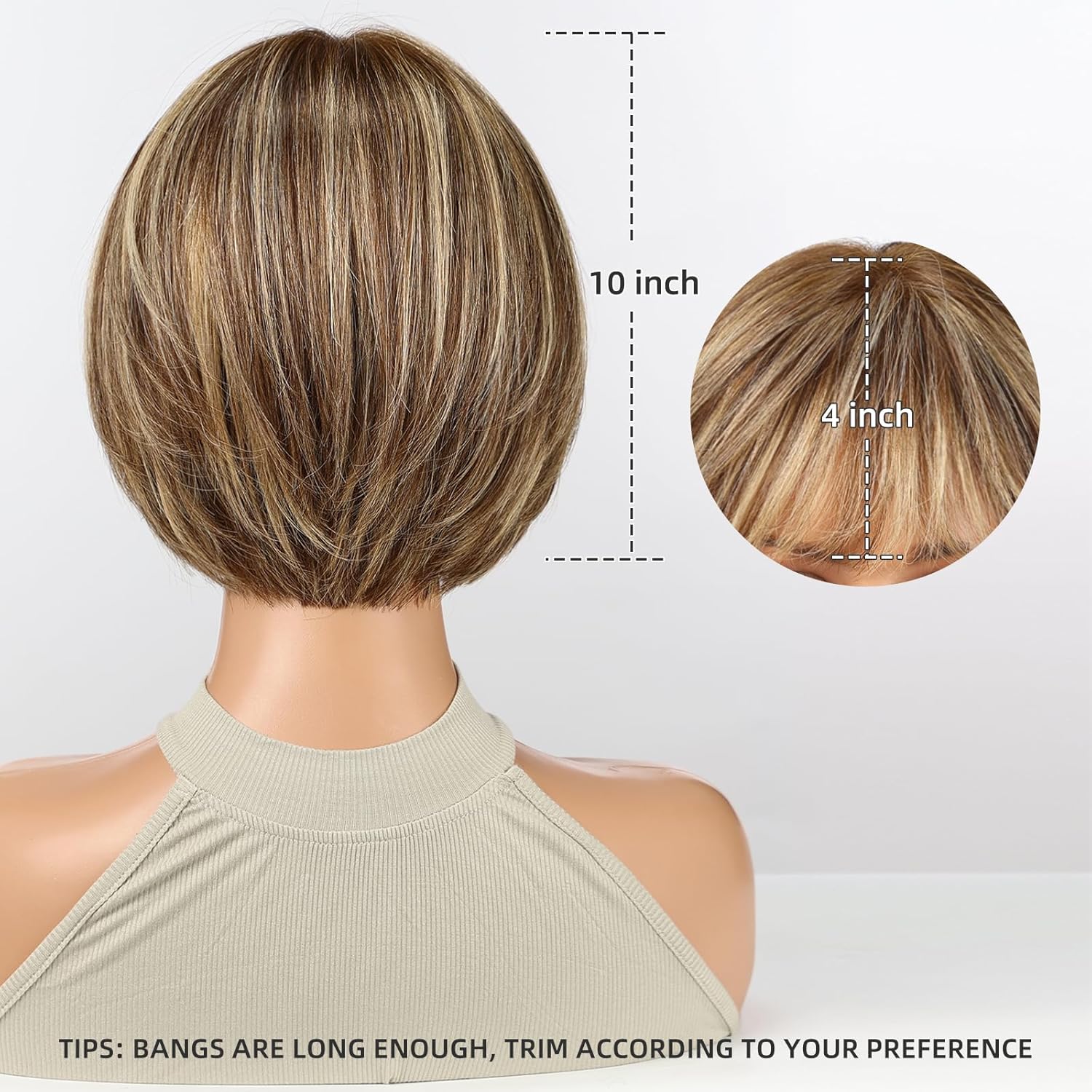 10 Inch Human Hair Wig with Bangs for Women – Short Bob Real Hair Wig, Brown Mixed Blonde, Soft & Natural for Everyday Wear