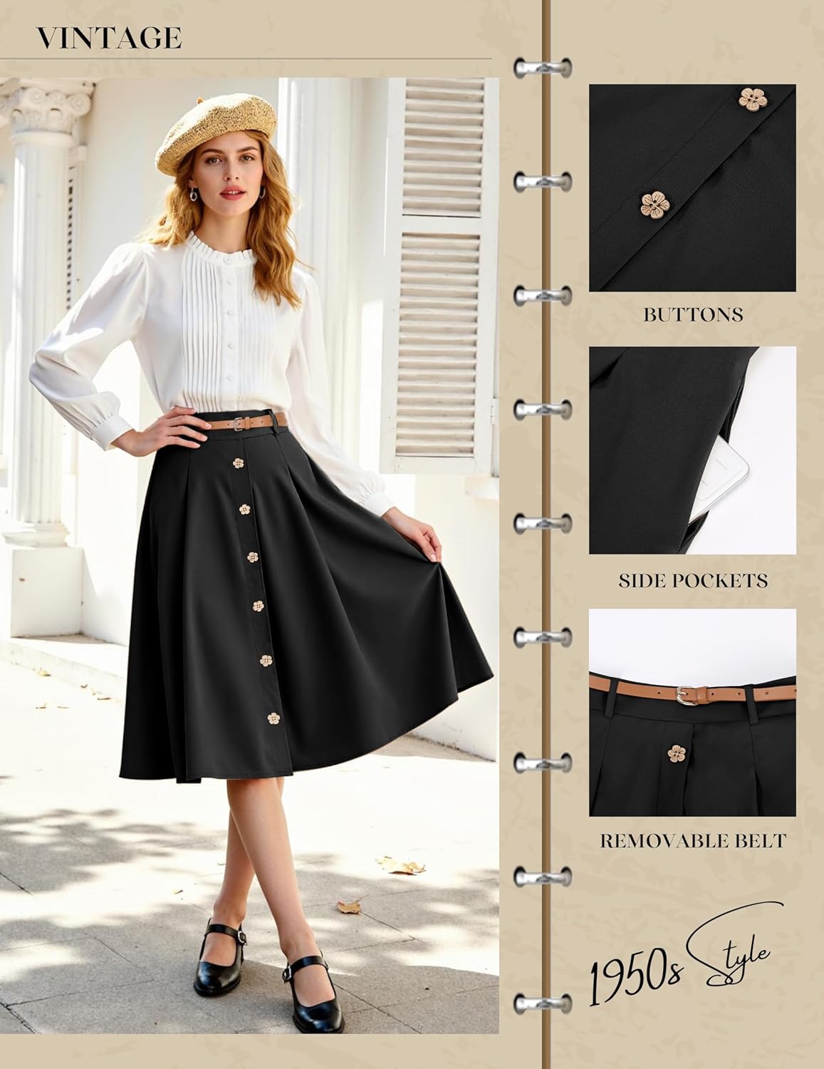 Wedtrend Vintage Skirts for Women Pleated Midi Skirt Button Down Work Skirts A Line Skirt with Belt&Pockets - Image 4