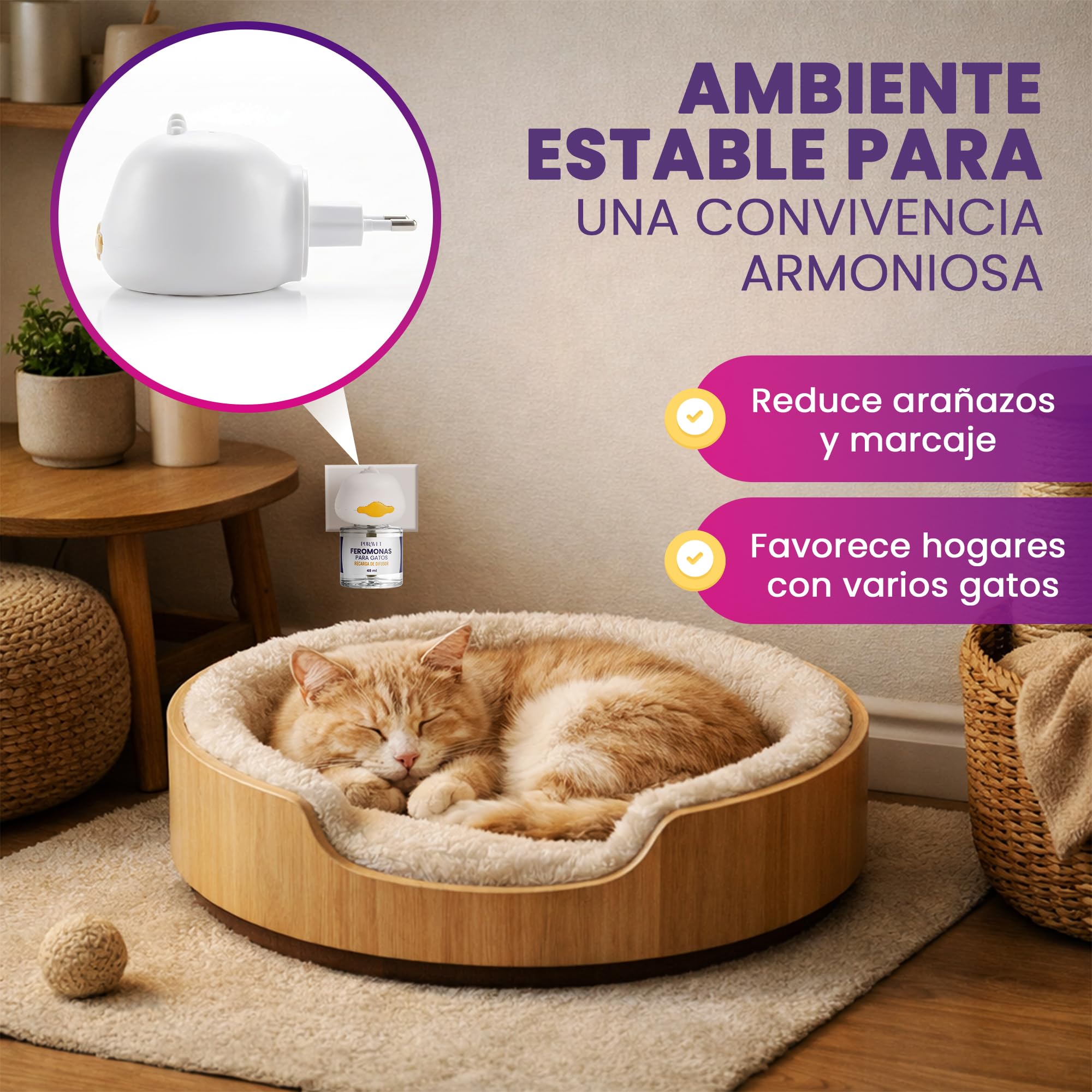 Feromonas para Gatos - Difusor + 2 Recambios de Feromonas Calmantes para Gatos (60 días, 48 ​​ml) - Ayuda a Reducir el estrés del Gato, Arañazos, Miedos, Cambios, Marcaje con Orina.