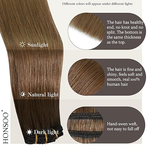 Miniatura 4 de Honsoo Extensiones de cabello humano real con clip, color castaño castaño 15 pulgadas, 2.47 oz, 7 unidades, extensiones de cabello humano lacio