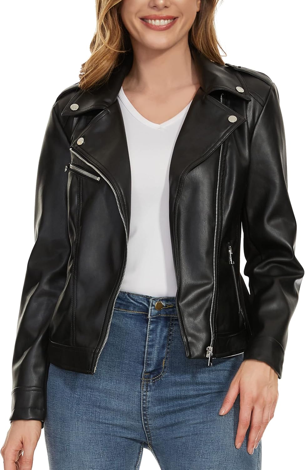 Fahsyee Faux Leather Jacket for Women, Vegan Jackets Moto Biker Motocycle Coat