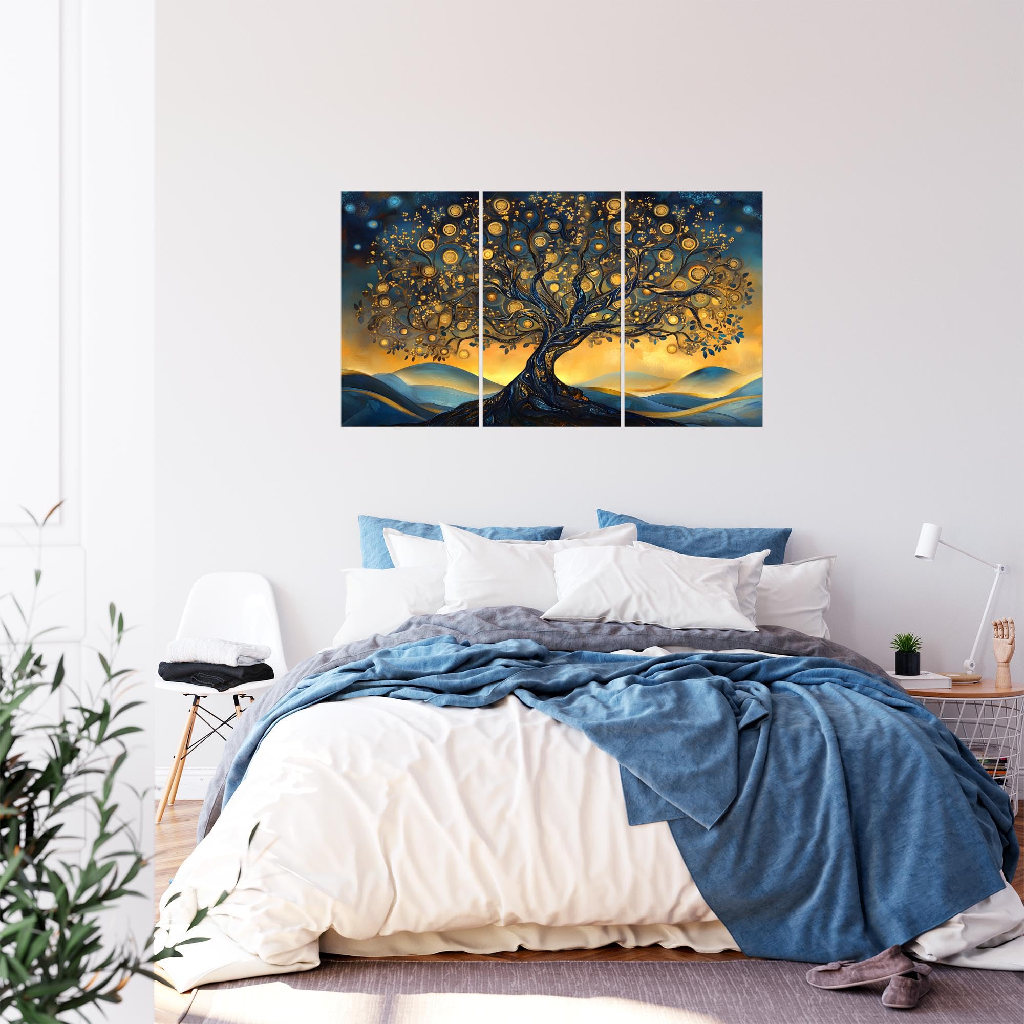 Runa Art Arbre de la vie Peinture Tableau Salon chambre XXL Orange Bleu Abstrait 120 x 80 cm 3 Parties Decoration Murale 054531a