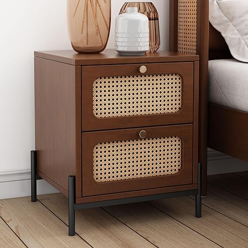 Miniatura 1 de Mesita de noche moderna con 2 cajones, mesa auxiliar de madera de ratán Cannage, mesitas de noche con patas de metal para dormitorio, sala de estar,