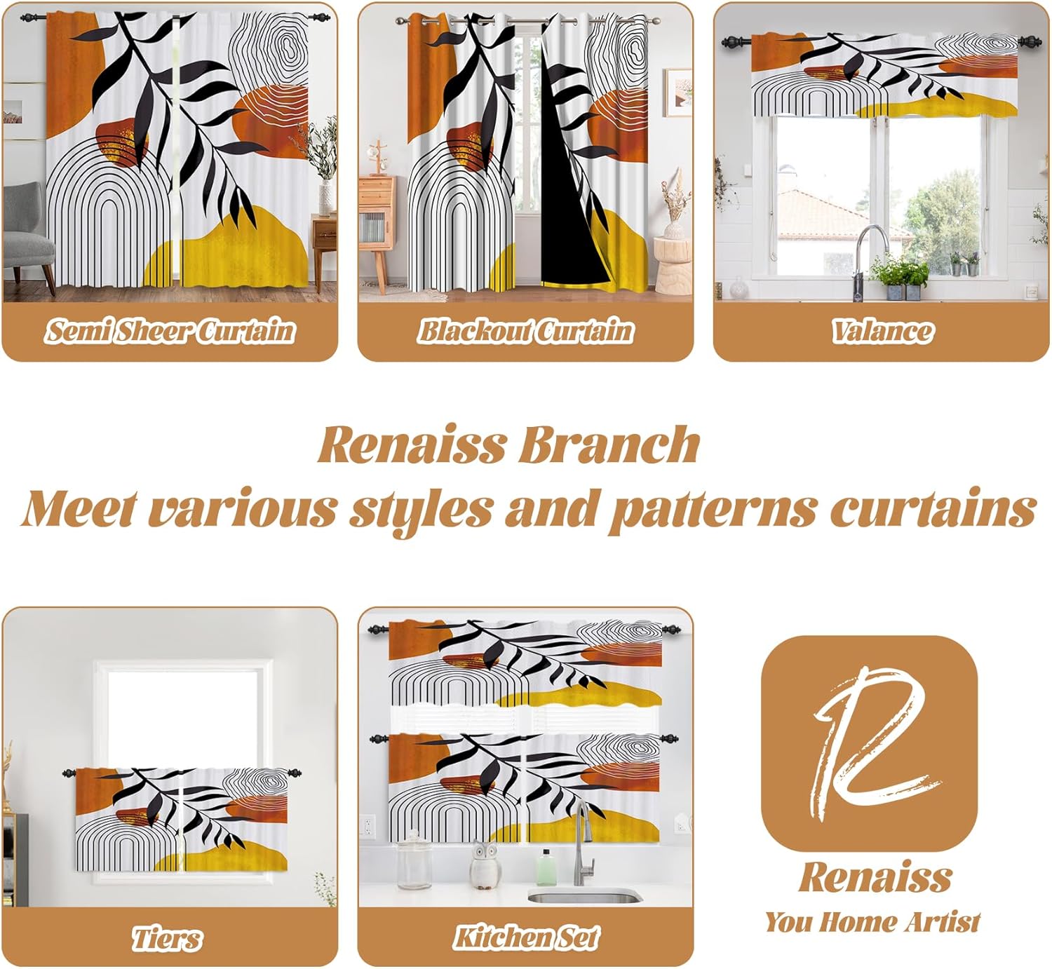 Renaiss 42 x 84 Inch Abstract Black Leaf Kitchen Curtains Rod Pocket Mid Century Bohemian Arch Small Short Cafe Tier Curtain Geometry Pattern Window Drapes Treatment Home Decoration 2 Panels