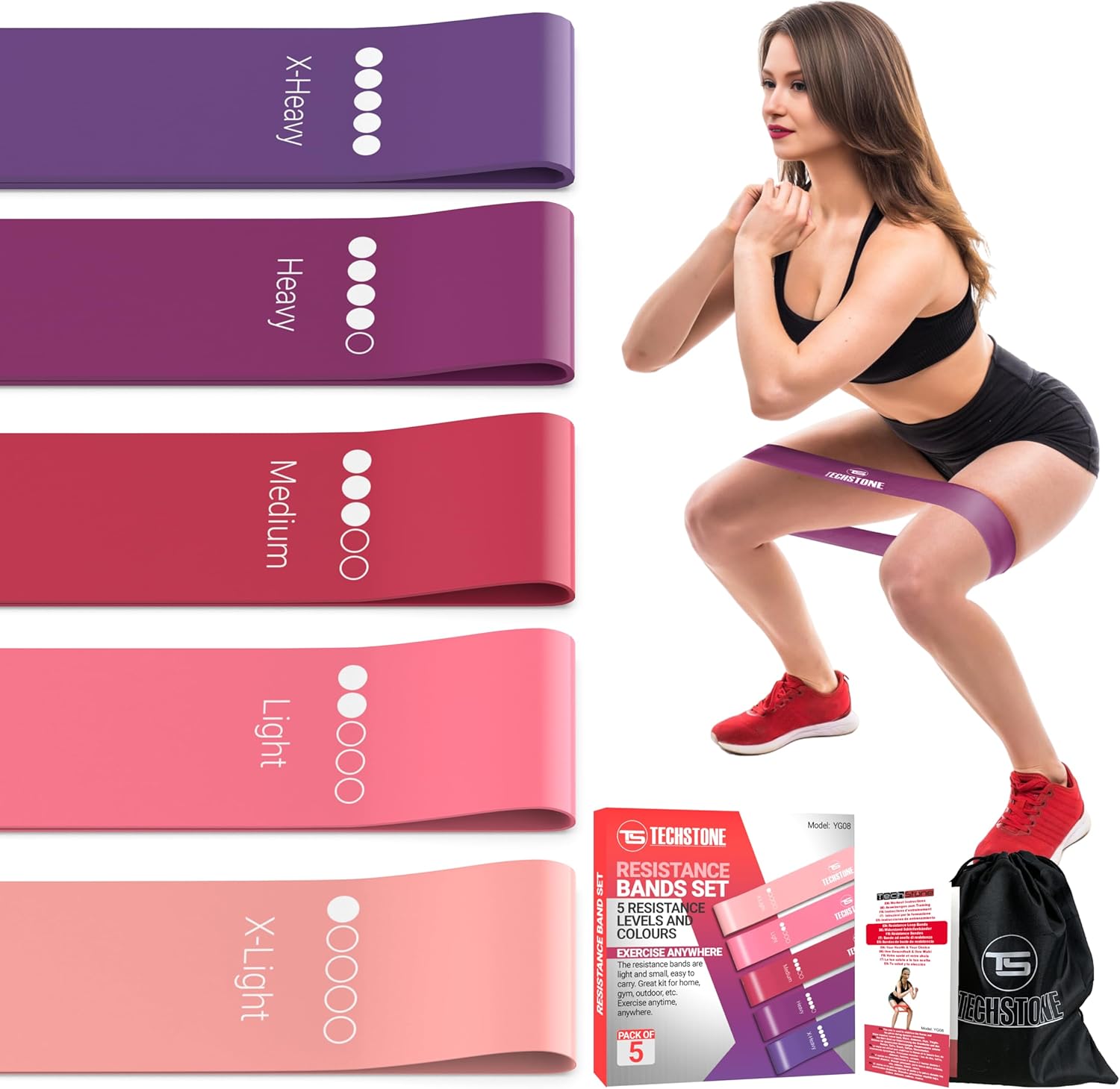TechStone Resistance Bands Set for Men and Women, Pack of 5 Different Levels Elastic Band for Home Gym Long Exercise Workout – Great Fitness Equipment for Training, Yoga – Free Carrying Bag