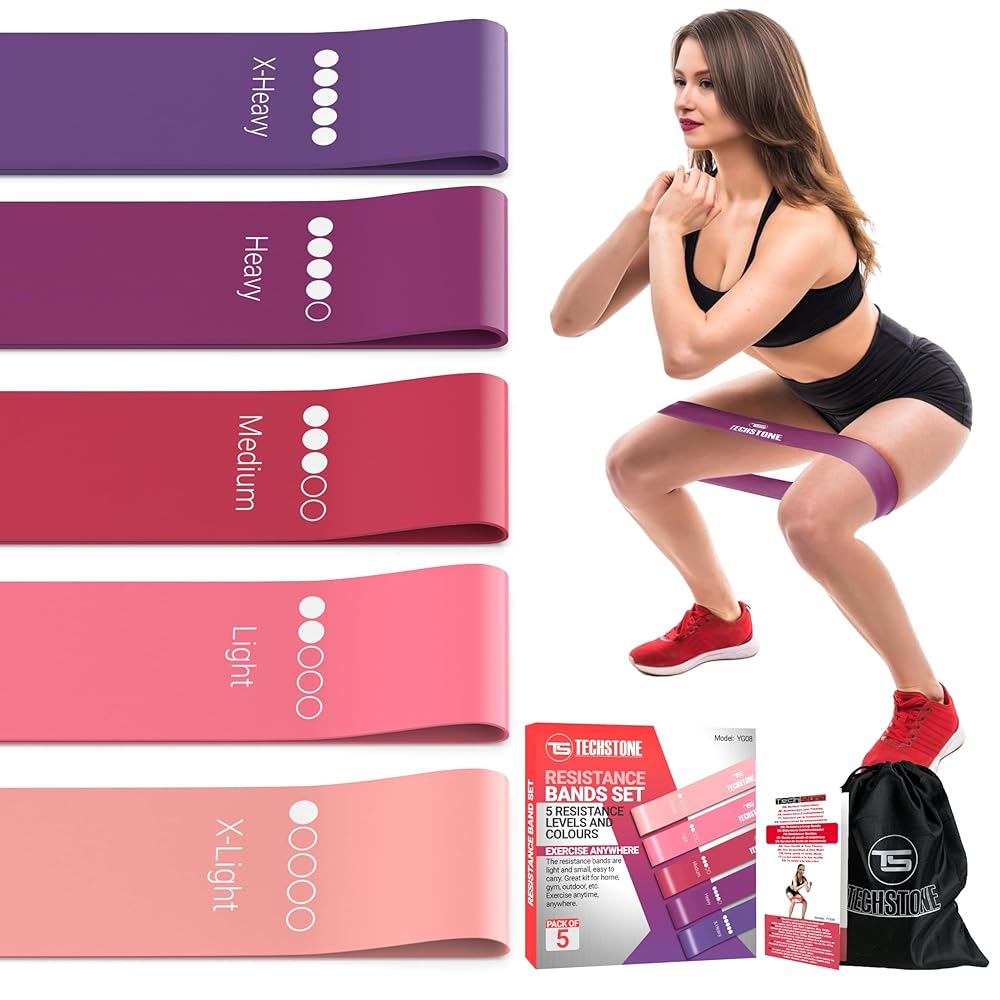 TechStone Resistance Bands Set for Men and Women, Pack of 5 Different Levels Elastic Band for Home Gym Long Exercise Workout - Great Fitness Equipment for Training, Yoga - Free Carrying Bag (Red)