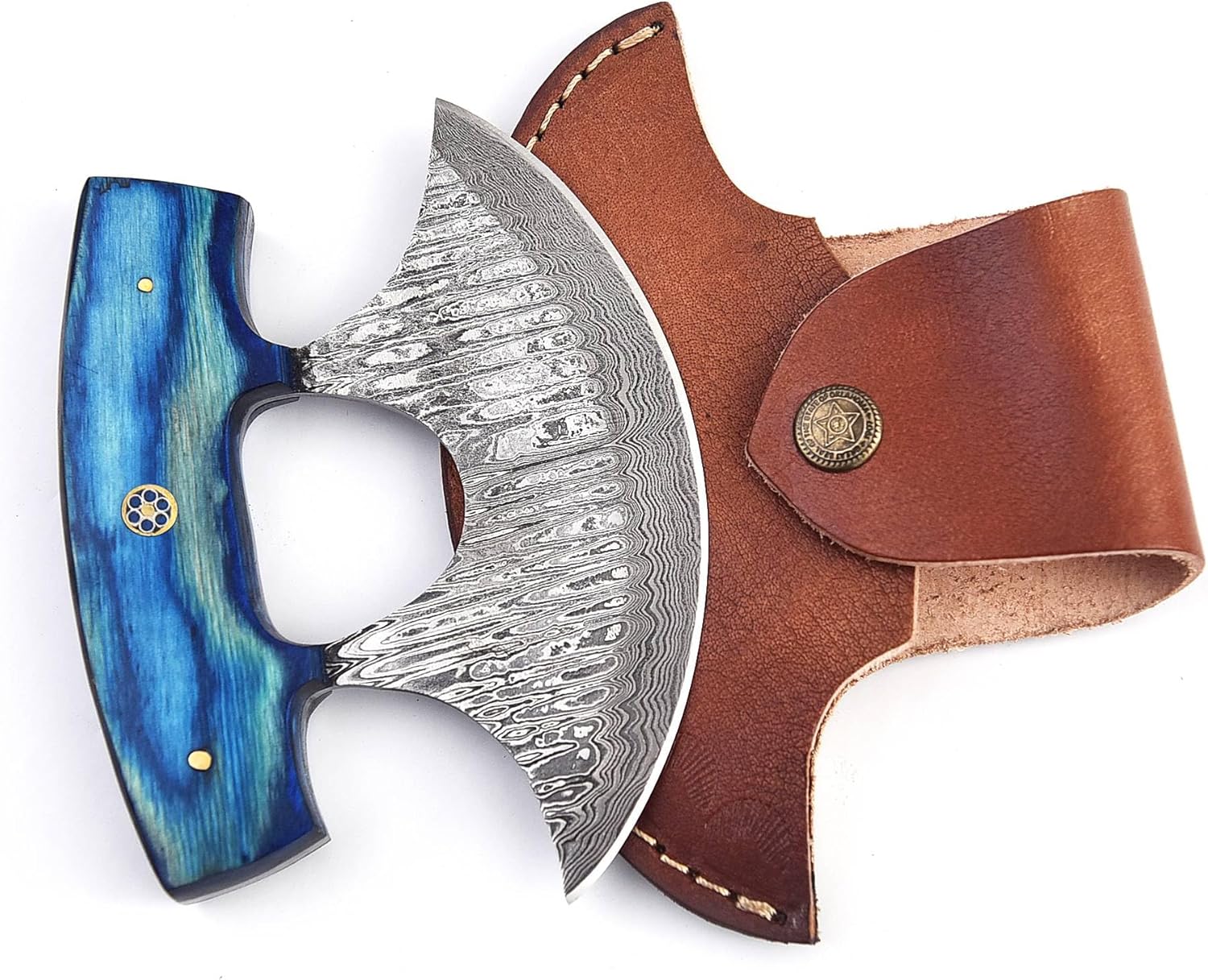 Damascus ulu knife with leather sheath, 6" Best pizza cutter with wooden handle for stable grip, Alaska Ulu knife perfect for slicing, mincing, and chopping (6064) - Image 6