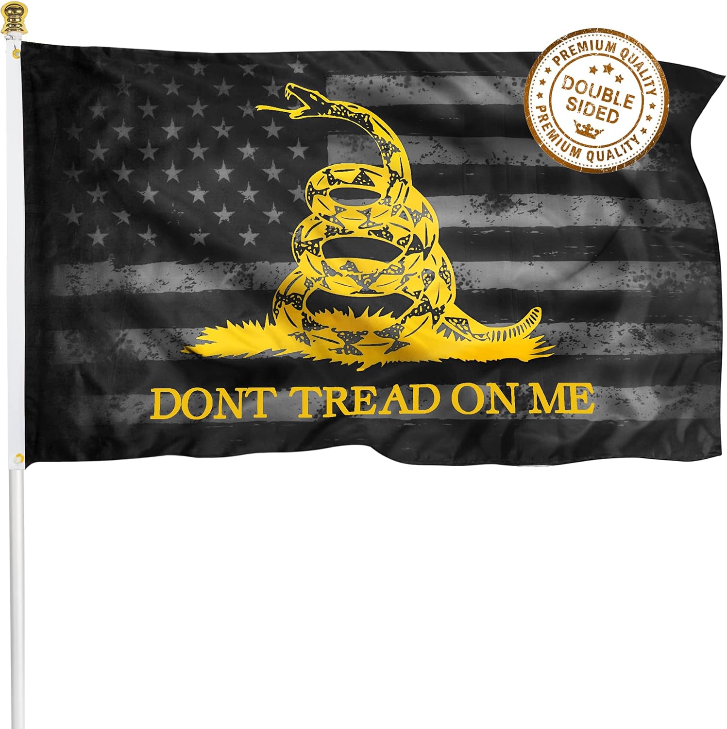 Dont Tread on Me Flag with Poles for Outside House, 6ft Stainless Steel No Tangle Spinning Flag Pole, 180° Multi- Position Mounting Bracket, 3x5 ft Double Sided Gadsden Flag, Wind Resistant Pole Kit (Black)