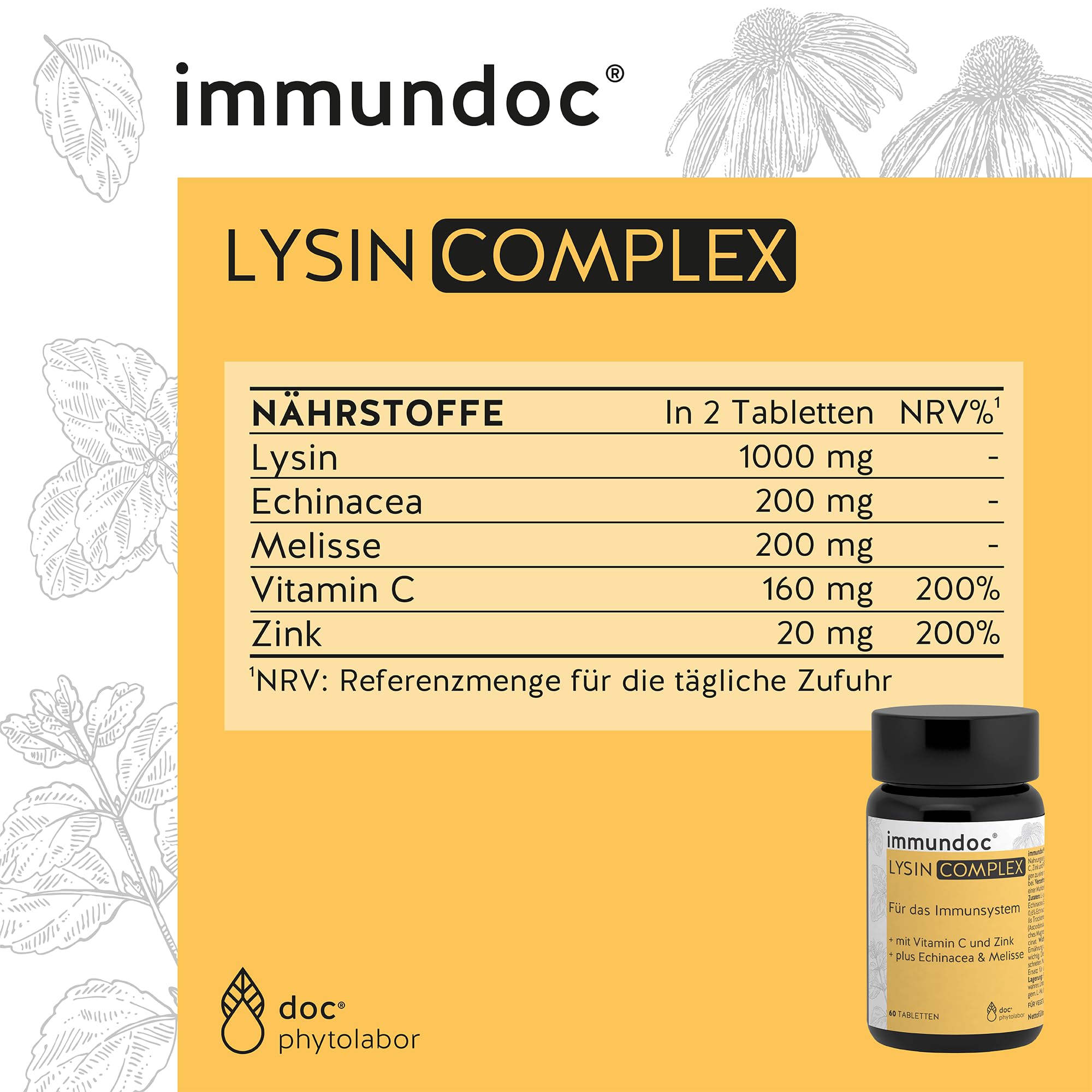 immundoc LYSIN COMPLEX, L-Lysin Tabletten, 60 Stück, mit 1000 mg L-Lysin pro Tagesdosis, mit Vitamin C, Zink und Pflanzenextrakten, glutenfrei und laktosefrei