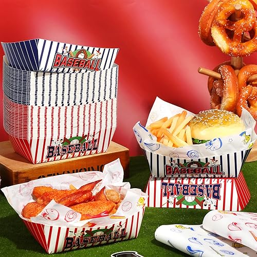 Miniatura 4 de Teling 100 piezas de decoraciones de fiesta de béisbol, 1.1 libras, 50 bandejas de alimentos y 50 forros resistentes a la grasa, suministros de