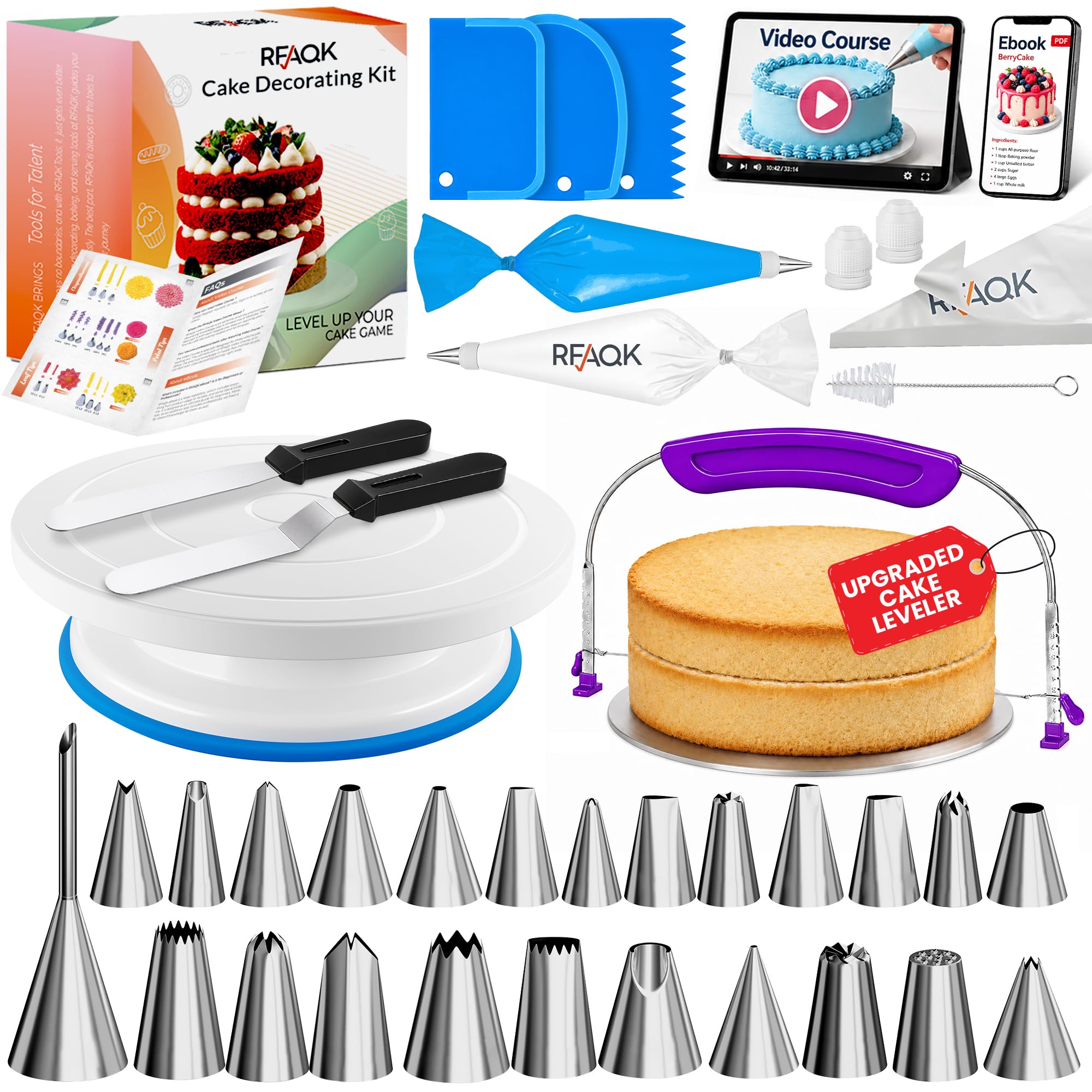 RFAQK Kit da 64 pezzi per decorare torte con piatto girevole per torte, livellatore per torte, 24 punte numerate con schema e eBook, spatola dritta e offset, 30 sacchetti per glassa, 3 set di