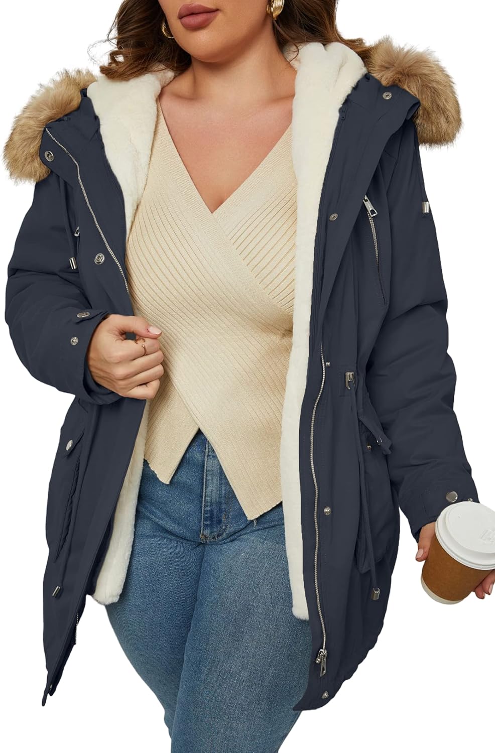 Geschallino Women's Parka Coat 3 in 1 Plus Size Winter Warm Fleece Lined Anoraks Thicken Hooded Outerwear (1X-5X)