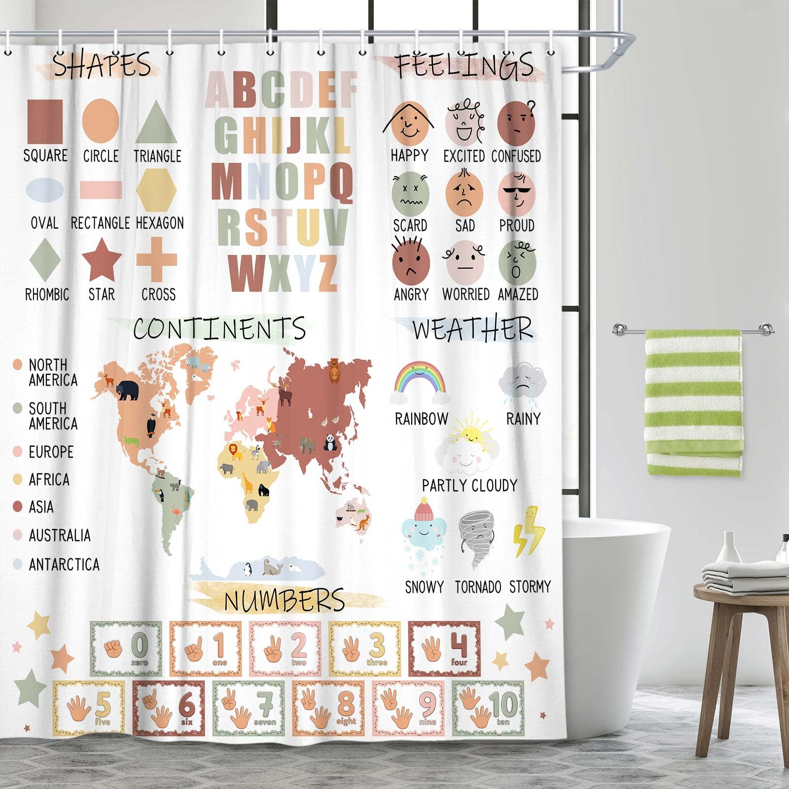 Kids Educational Shower Curtain， Pastel ABC Alphabet Continents Map Numbers Shapes Weather Learning Tools Boy Girl Nursery Fabric Waterproof Polyester with 12 Pack Hooks Plastic