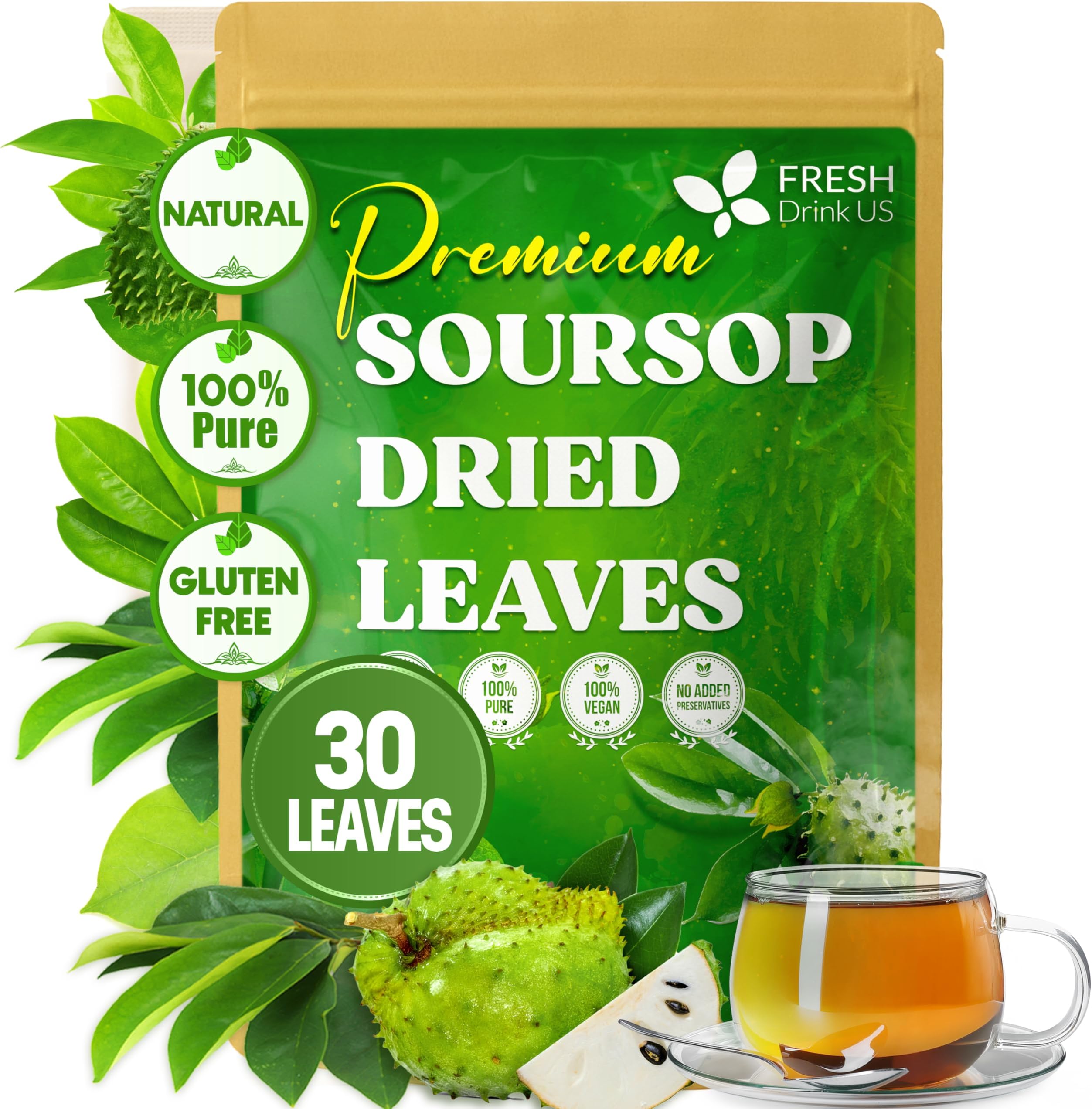 FreshDrinkUS, Premium 30+ Soursop Graviola Dried Leaves, Natural Whole Soursop Leaves, Wildcrafted, Hoja Guanabana, Loose Leaf Herbal Tea, No Gluten, Vegan