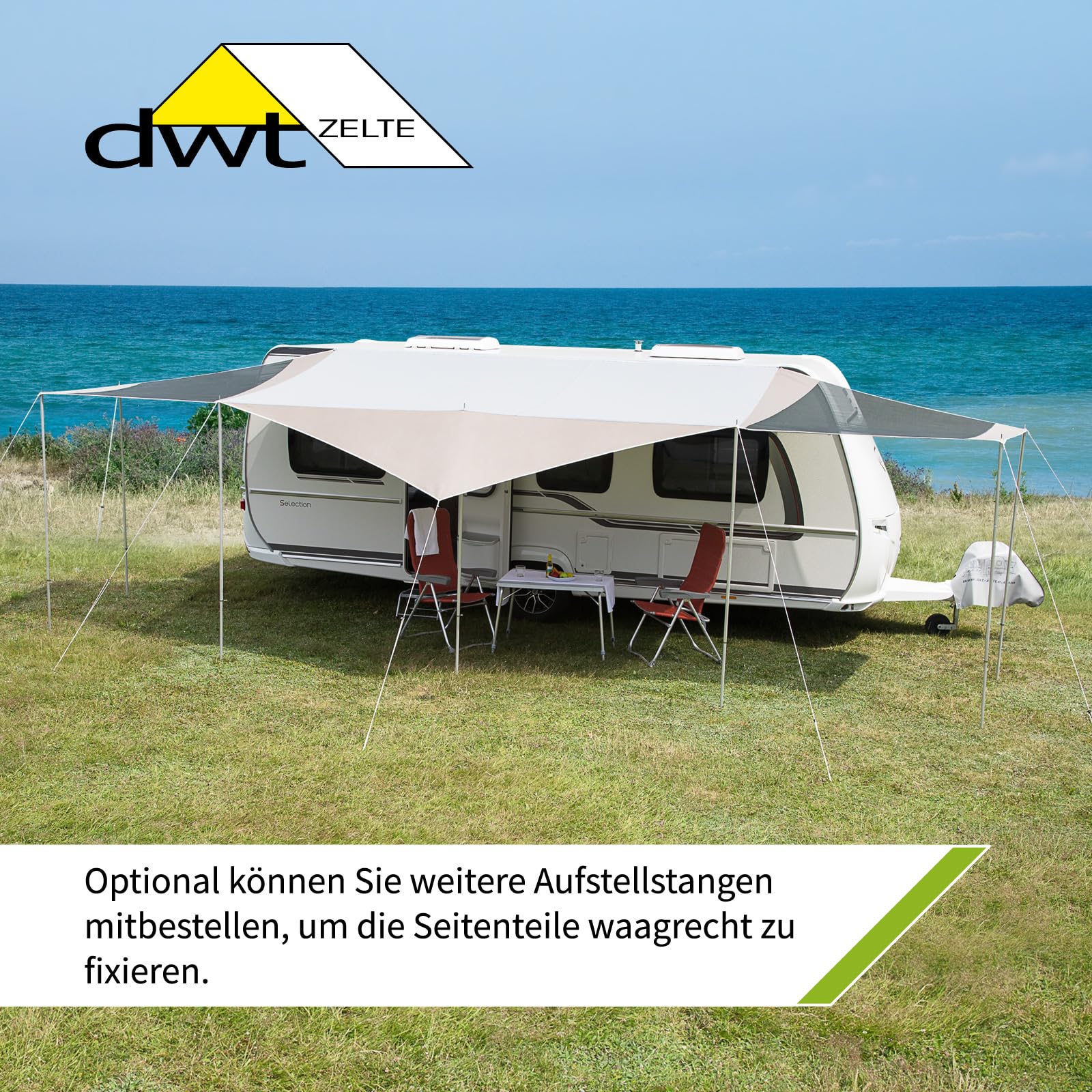 dwt Wohnwagen Sonnendach Coco Wohnwagen 240 cm tief, mit UV-Schutz und Abspannmaterial inkl. Seitenwände aus Mesh-Gewebe, Größe:Gr.1 B/T 330x240+80cm