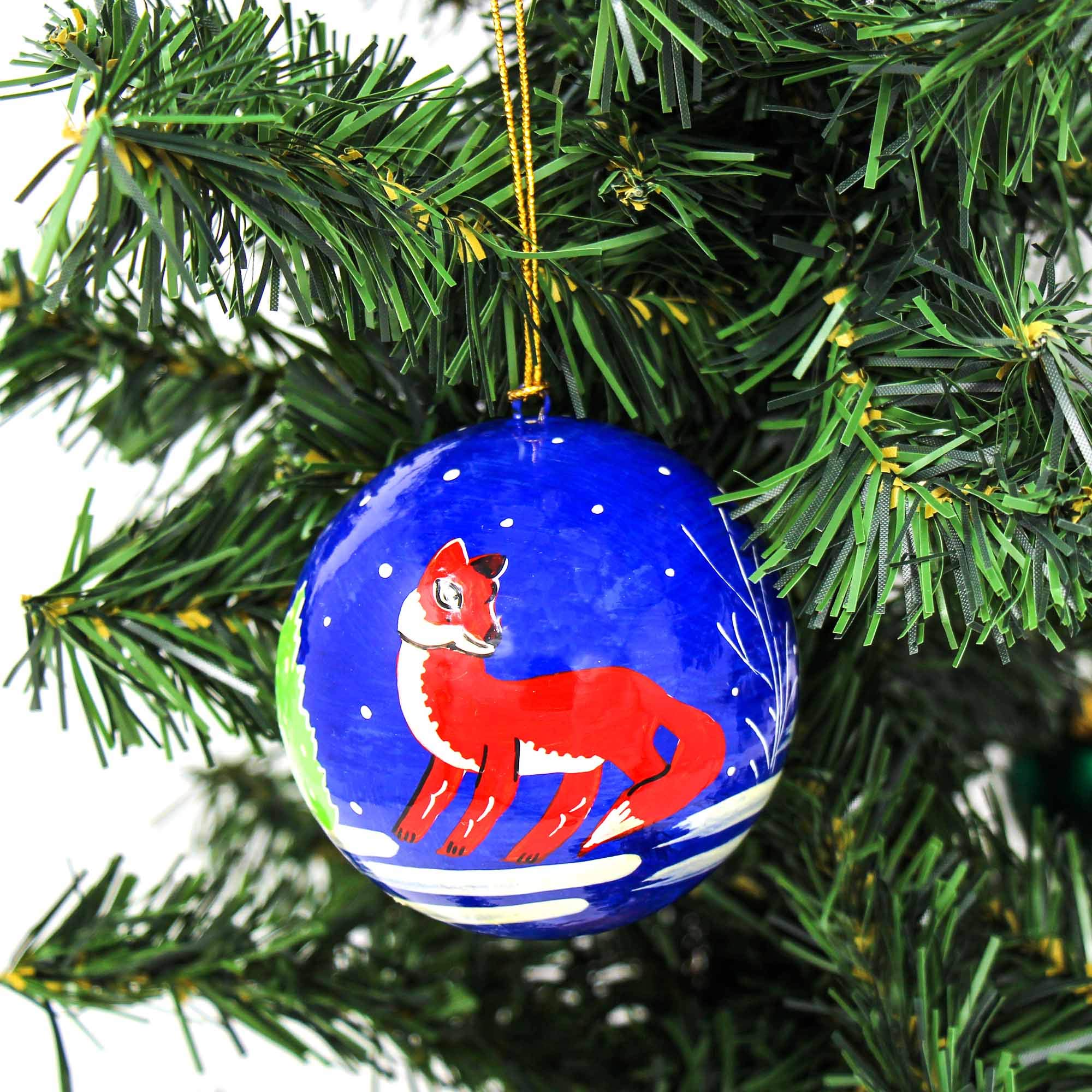 Global Crafts Recycled Paper Handpainted Papier-Mache Ornament, Fox, Made in India, Set of 3 (IX04MSX9043-S3)
