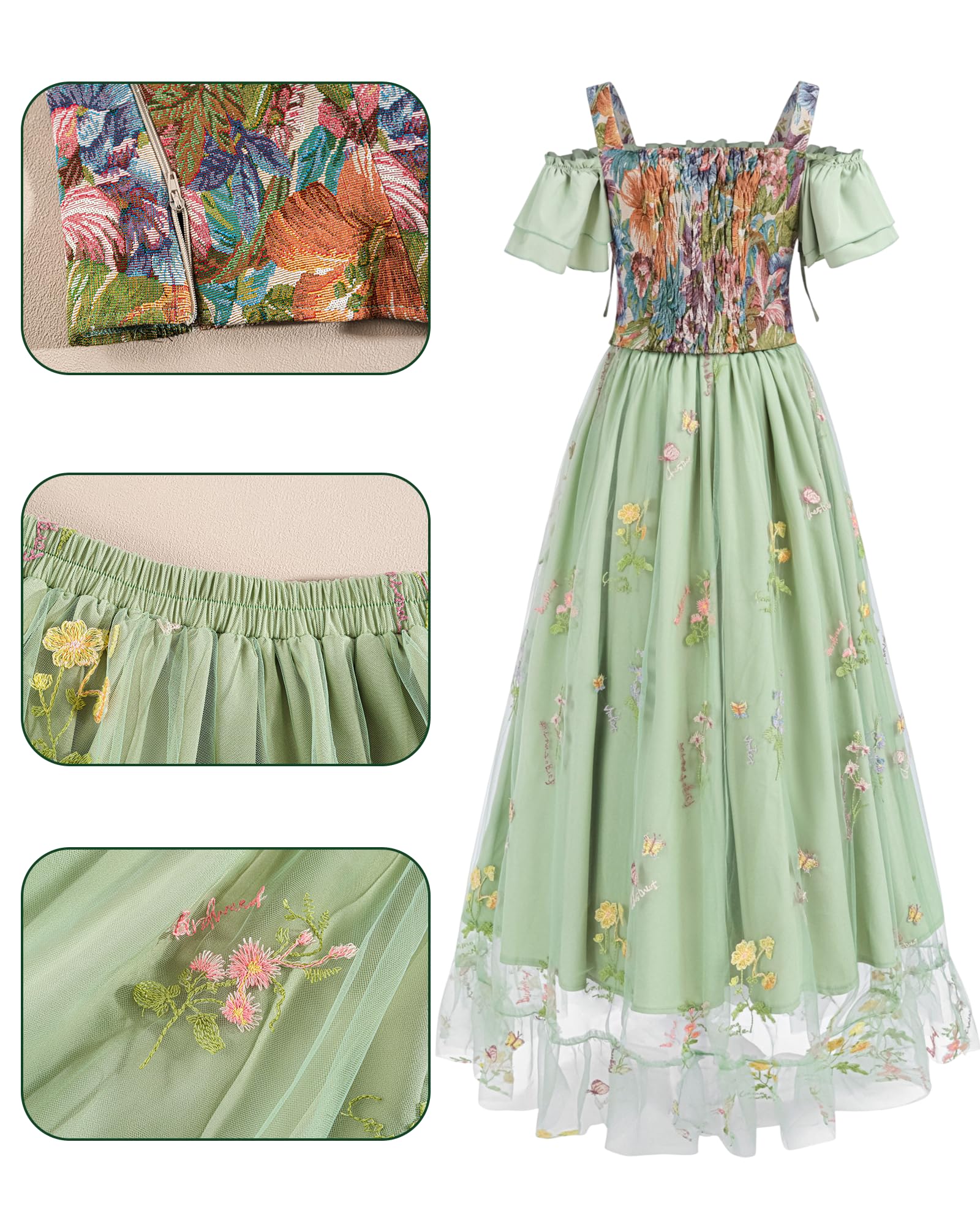 Ensemble de vêtements médiévaux pour femme - Costume d'elfe - Robe maxi 2 pièces en vert - Haut épaules dénudées et jupe en tulle avec broderie florale