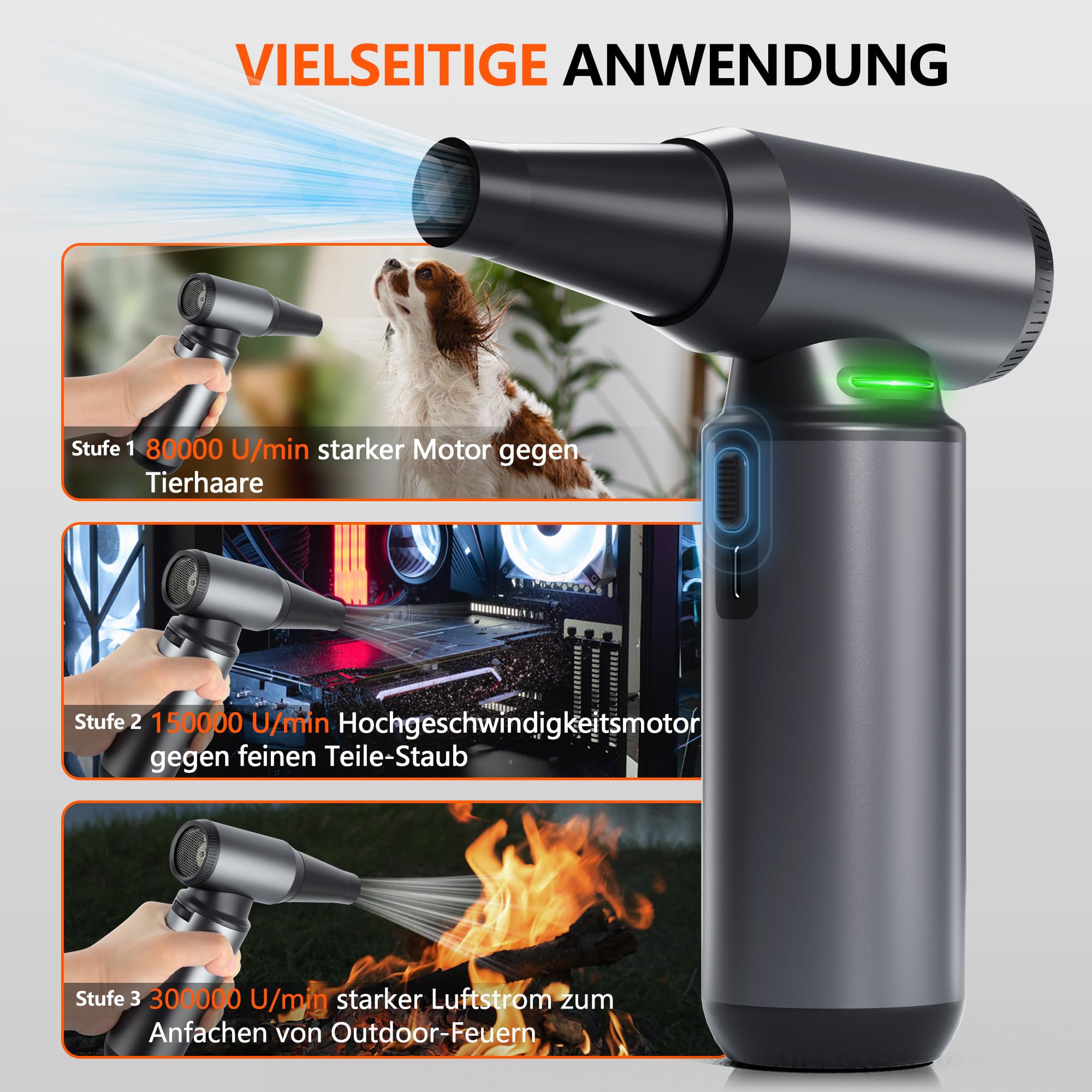 Staubgebläse Elektrischer Air Duster Druckluftspray Alternative 300000 U/min Kabelloser Wiederaufladbar 8000 mAh Akku Mit Düsen Und Bürsten Für Tastatur PC Auto Büro Elektronik