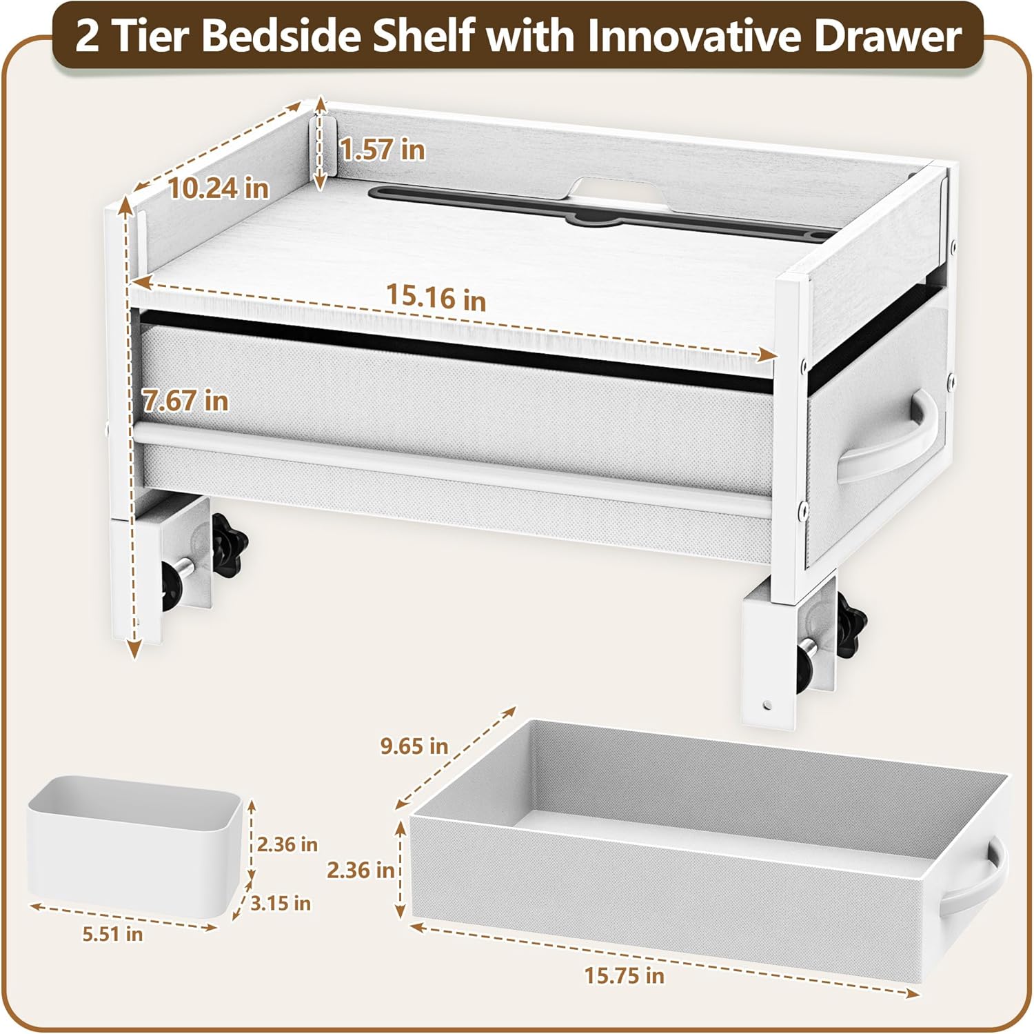 2 Tier Bedside Shelf for Dorm Bunk Bed, Under Mattress Bedside Shelf Clip On Nightstand with Fabric Drawer, Bed Side Table Tray Organizer, Bedside Tray with Cable Management, Back to School (white)