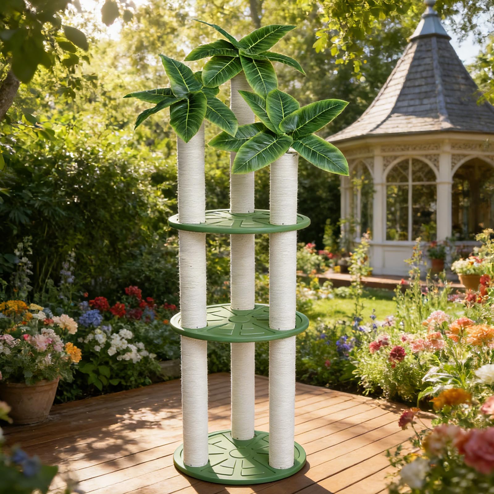MAOHEGOU 68 inch Waterproof cat Tower, Cylindrical Outdoor cat Tree with Green Leaves,Plastic Board and cat Scratching Post,Used in Catio,Deck,Patio