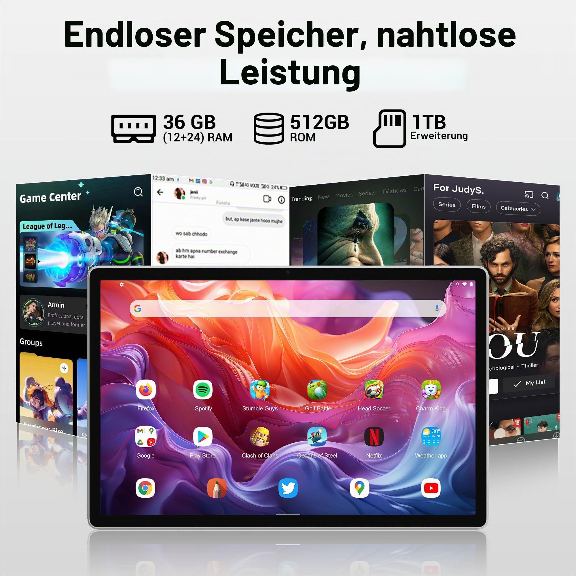 14 Zoll Tablet, 2.5K Display, 36GB RAM + 512GB ROM (1TB erweiterbar), 4G LTE Dual SIM + 5G WiFi, Quad-Speaker/Gemini AI/GPS/GMS/11580mAh/13MP, Android 15 Tablets mit Tastatur/Maus/Hülle/Kopfhörer/Pen