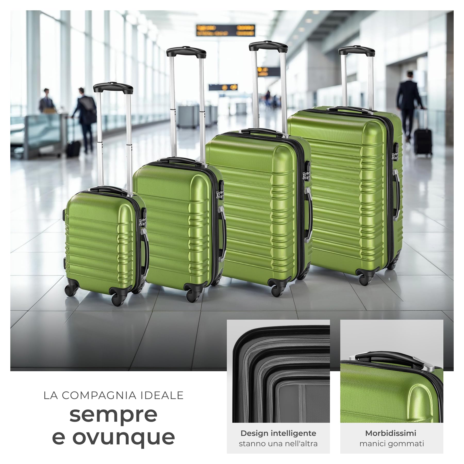 tectake® Set Valigie Trolley Rigide, 4 Valigie con Scocca in Plastica ABS, Rotelle Girevoli a 360°, Maniglia Telescopica in Alluminio, Serratura di Sicurezza a Combinazione - Verde