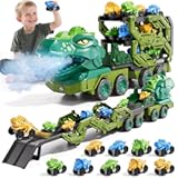 10 in 1 Dinosaur Truck Toys for Kids Toddlers Boys 3-5 4-8, Dino Carrier Truck with Foldable Track, Spray, Light & Sounds and 9 Dino Cars, Birthday Gifts for Kids Boys Girls 3 4 5 6 7 8 Year Old