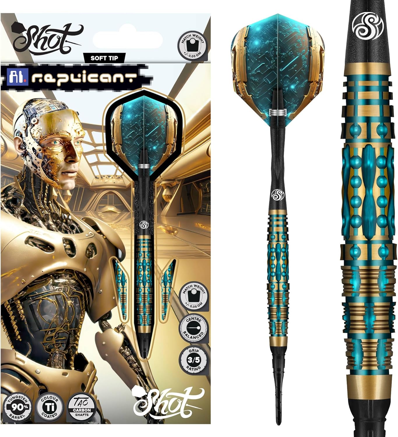Shot! Darts AI Replicant Soft Tip Dart Set (20g) | 90% Tungsten Barrels | Center Weighted Black Titanium Coated | Pro Soft Tip Darts for Electronic Dartboard | Plastic Tip | Made in New Zealand